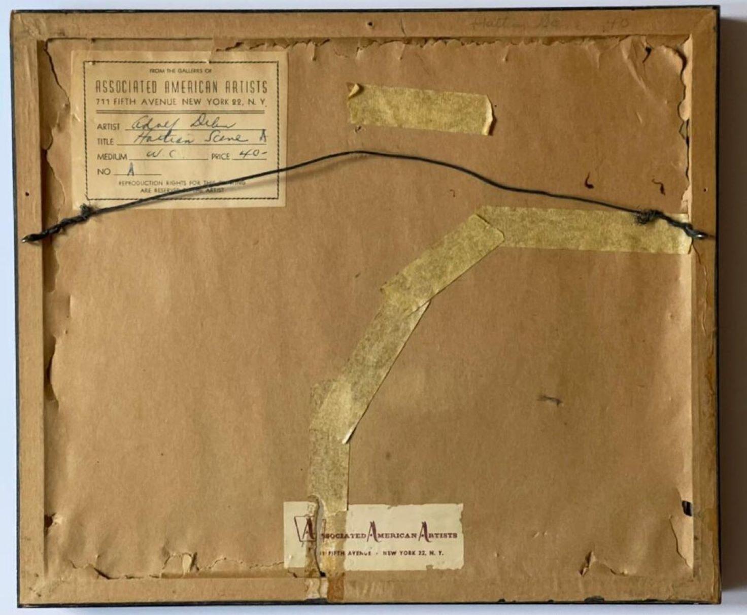 Adolf Arthur Dehn
Scena di Haiti A, 1951 ca.
Guazzo acquerellato su tavola
Firmato sul fronte
Cornice inclusa: tenuta in una cornice moderna vintage 
Misure:
Incorniciato:
11 pollici in verticale per 13 pollici in orizzontale per .75
Pittura
4,5