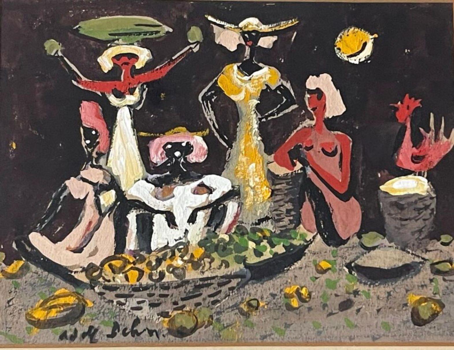 Adolf Dehn, Scena di Haiti A, dipinto firmato, Associated American Artists, anni '50 - Portrait Painting Nero di Adolf Arthur Dehn