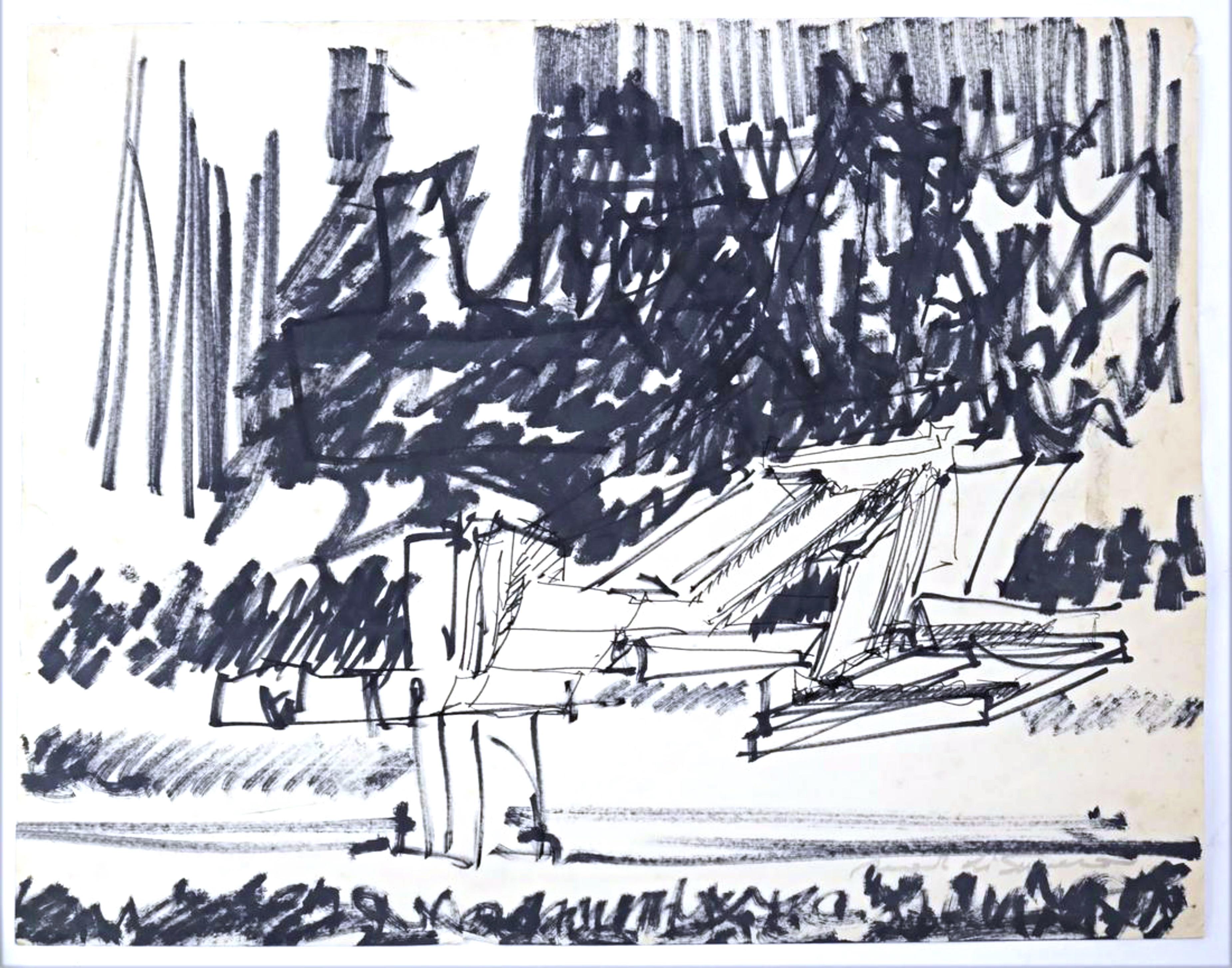 Schizzo per il van Abbemuseum, Eindhoven, disegno unico firmato, regalato al curatore - Art di Mark di Suvero