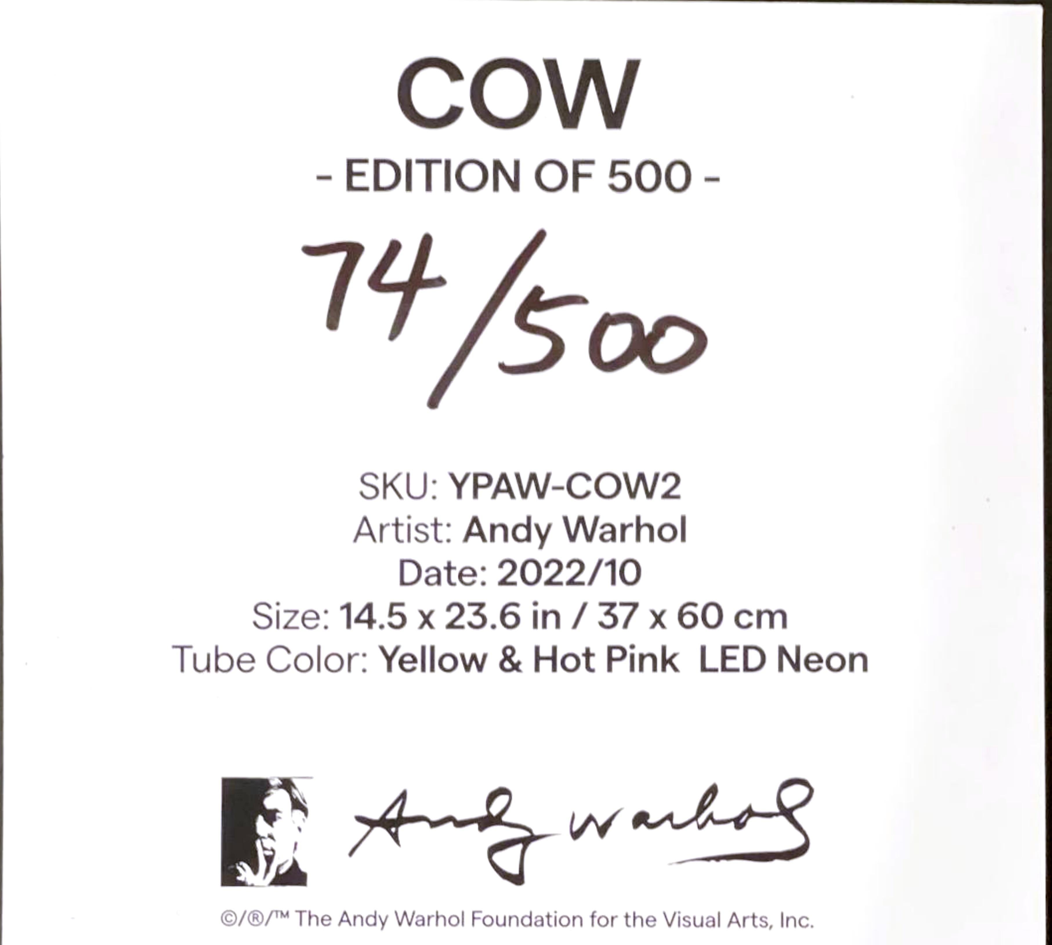 After Andy Warhol
Yellowpop Neon light Cow Wall Display Sign, 2022
Acrylic-printed cow lined with red neon LED artwork with energy-efficient tubing, full board backing
ACCOMPANIED BY A NUMBERED CERTIFICATE OF AUTHENTICITY AUTHORIZED BY THE WARHOL