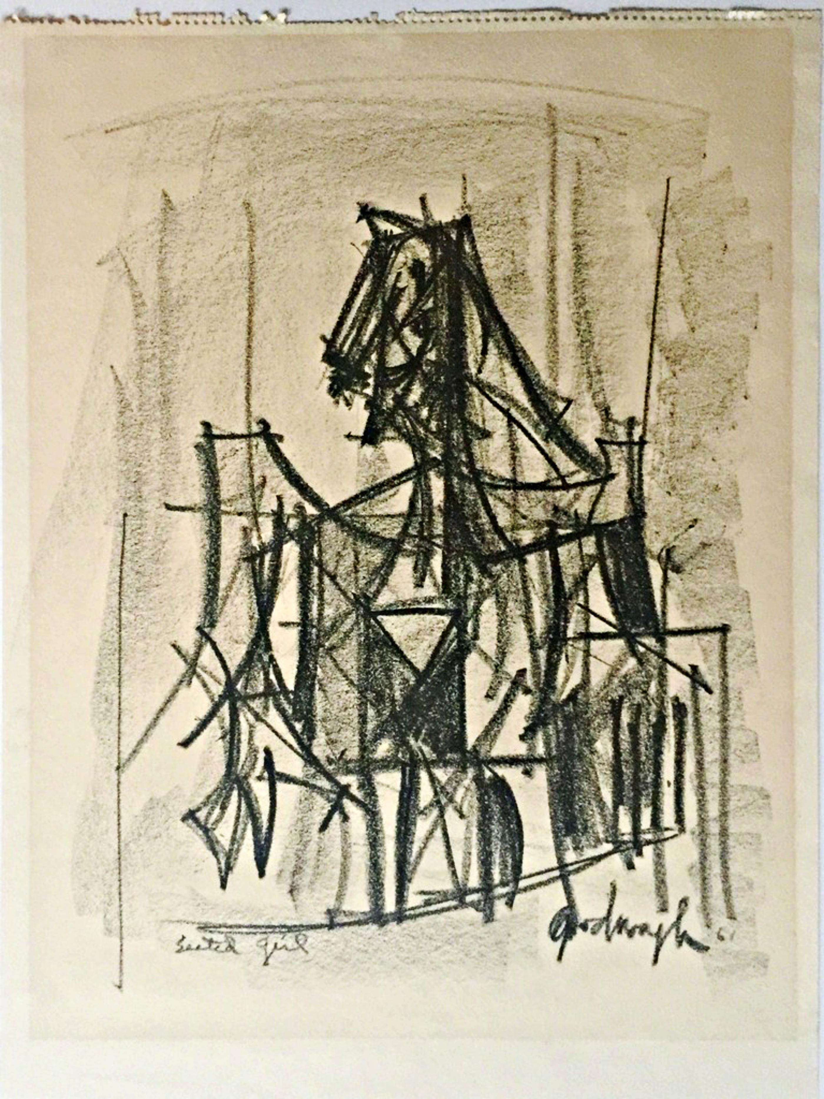 Robert Goodnough, Chica sentada, dibujo original a carboncillo firmado a mano