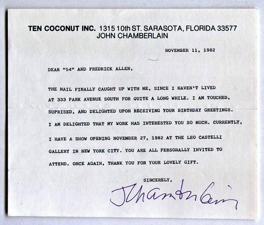 John Chamberlain, cablogramma Western Union firmato relativo a una mostra di sculture presso Leo Castelli