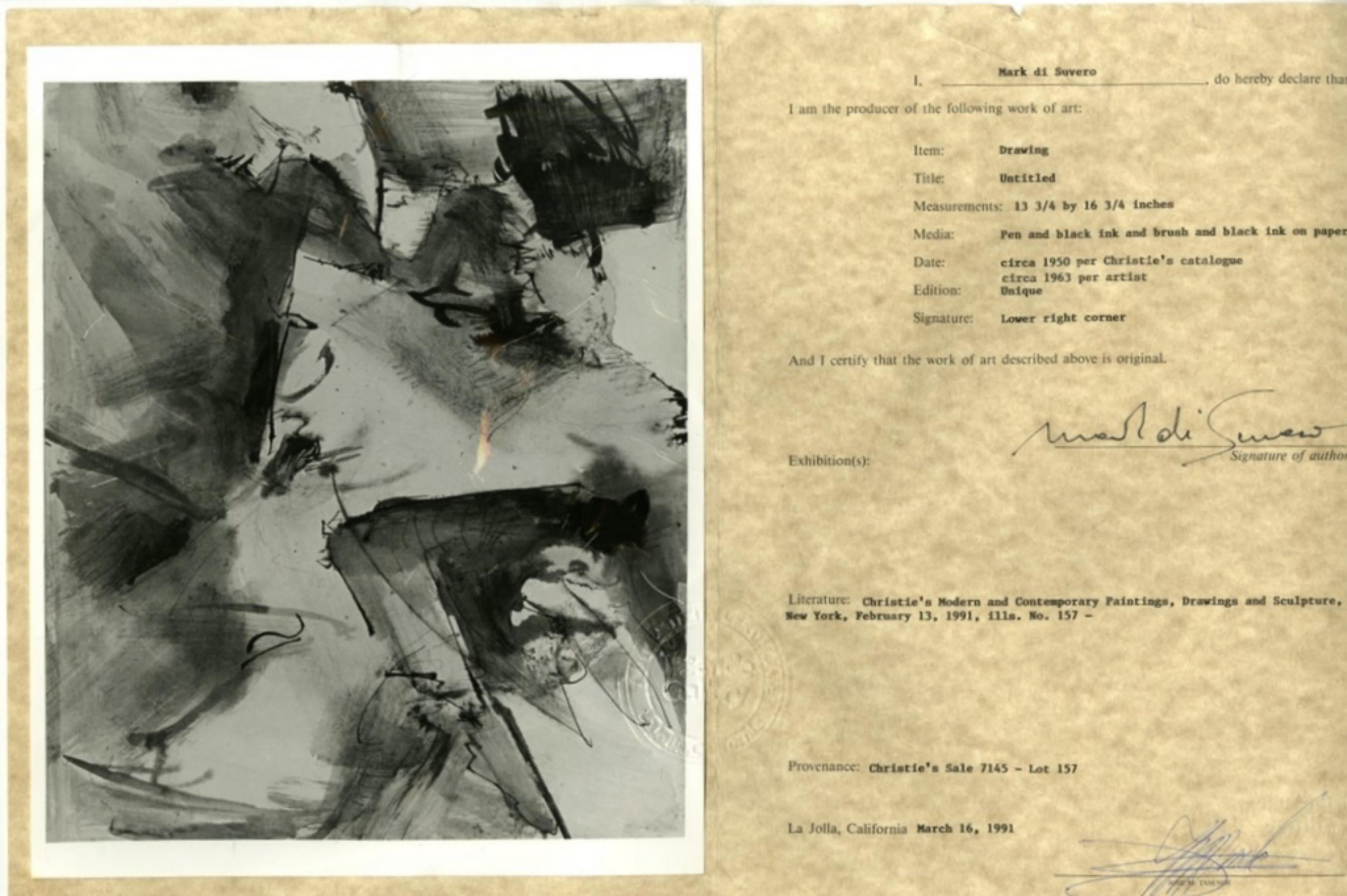 Signed ink wash painting by Abstract Expressionist sculptor COA signed by artist - Beige Abstract Painting by Mark di Suvero