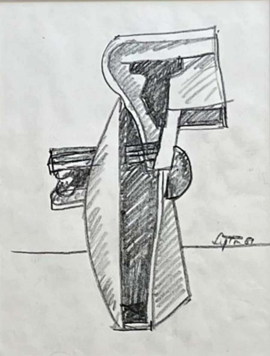 Sculptural study, unique signed charcoal drawing, by renowned modernist sculptor