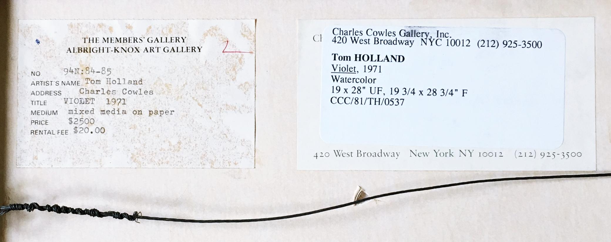 Tom Holland (geb. 1936)
Violett, 1971
Aquarell und Mischtechnik auf Papier. Handsigniert. Gerahmt mit Labels der Charles Cowles Gallery, der Albright Knox Gallery und des Baltimore Museum of Art.
Handsigniert unten rechts auf der Vorderseite