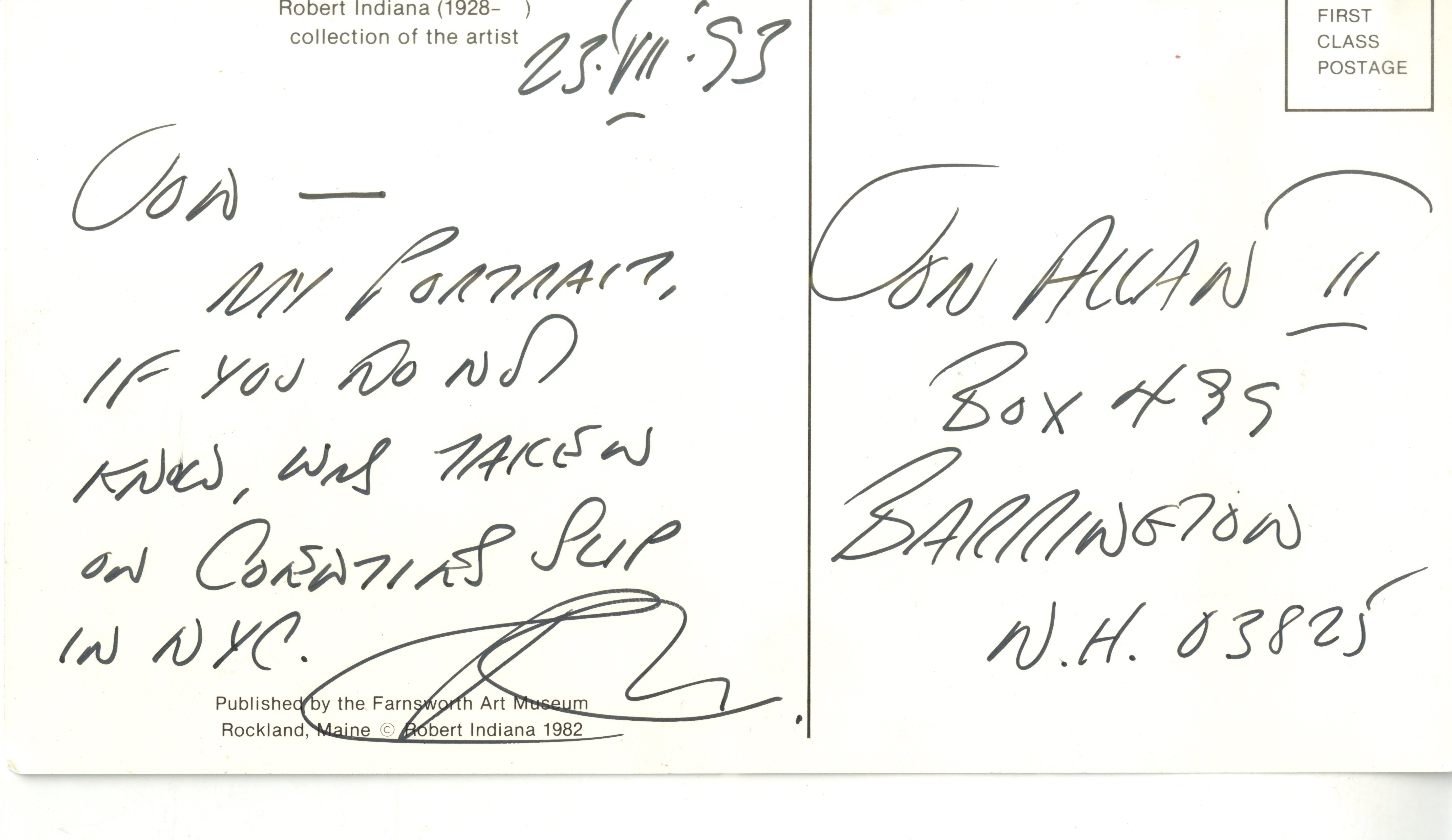 Cartolina postale firmata, con dedica di Robert Indiana sul suo ritratto a Coenties Slip in vendita 2