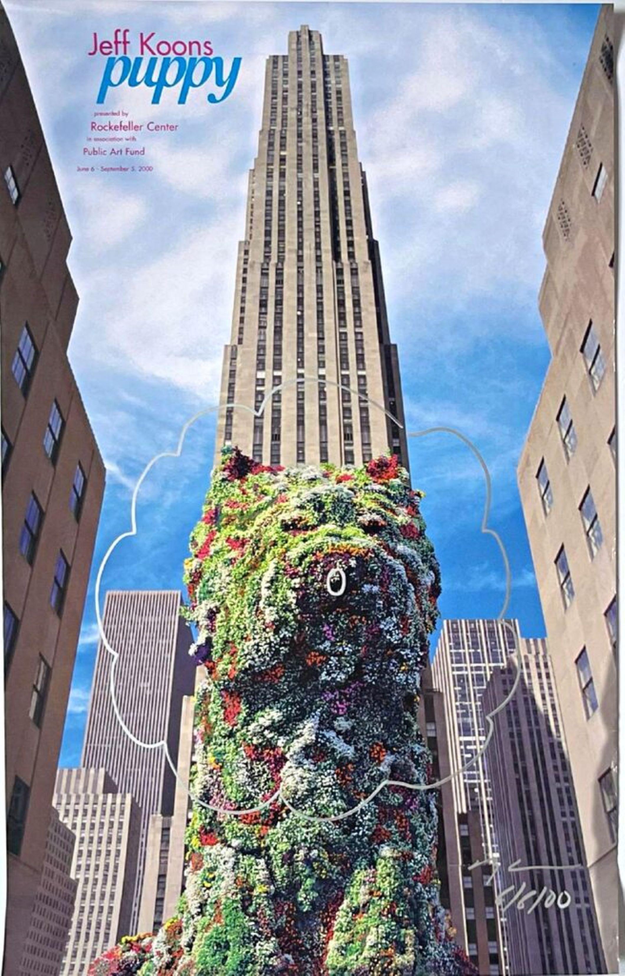 Disegno originale di fiori su stampa di cuccioli del Rockefeller Center, firmato a mano da Koons - Art di Jeff Koons