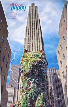Original flower drawing on Rockefeller Center Puppy print, Hand Signed by Koons
