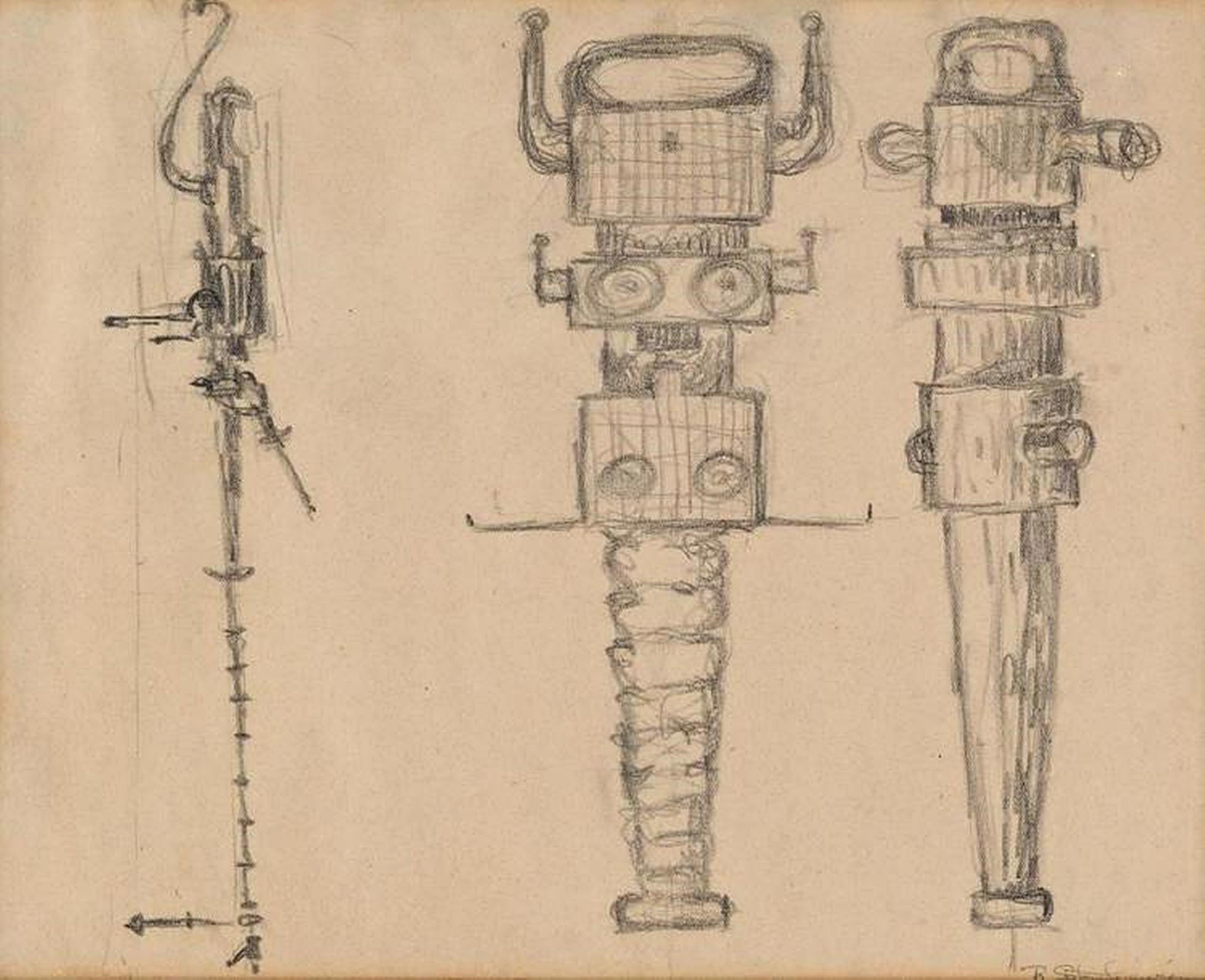 Studio per la scultura, disegno unico firmato dal famoso scultore modernista Incorniciato - Art di Richard Stankiewicz