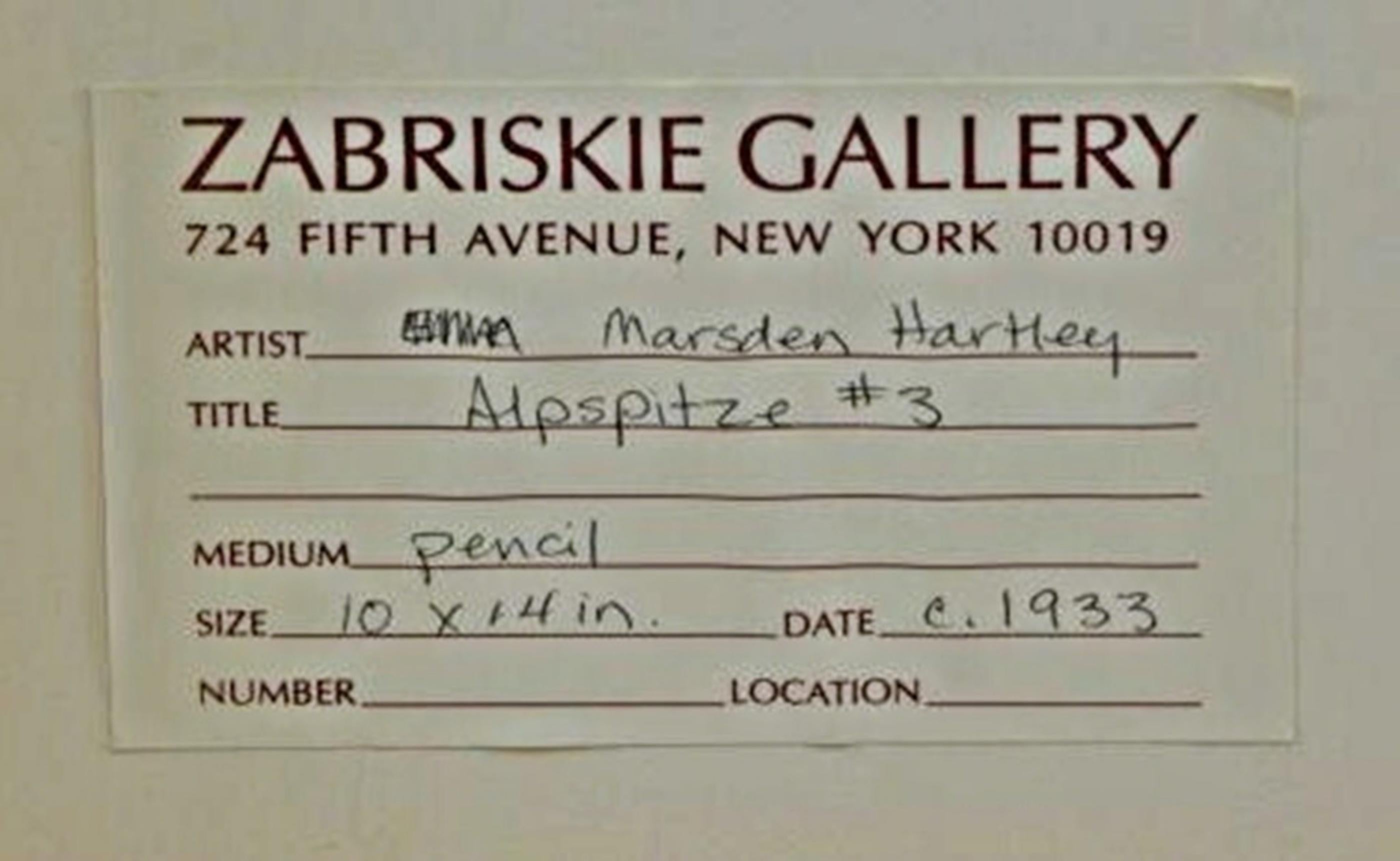 ALPSPITZE #3 (avec Zabriskie Gallery Label), dessin original au crayon de la Bavière - Moderne Art par Marsden Hartley