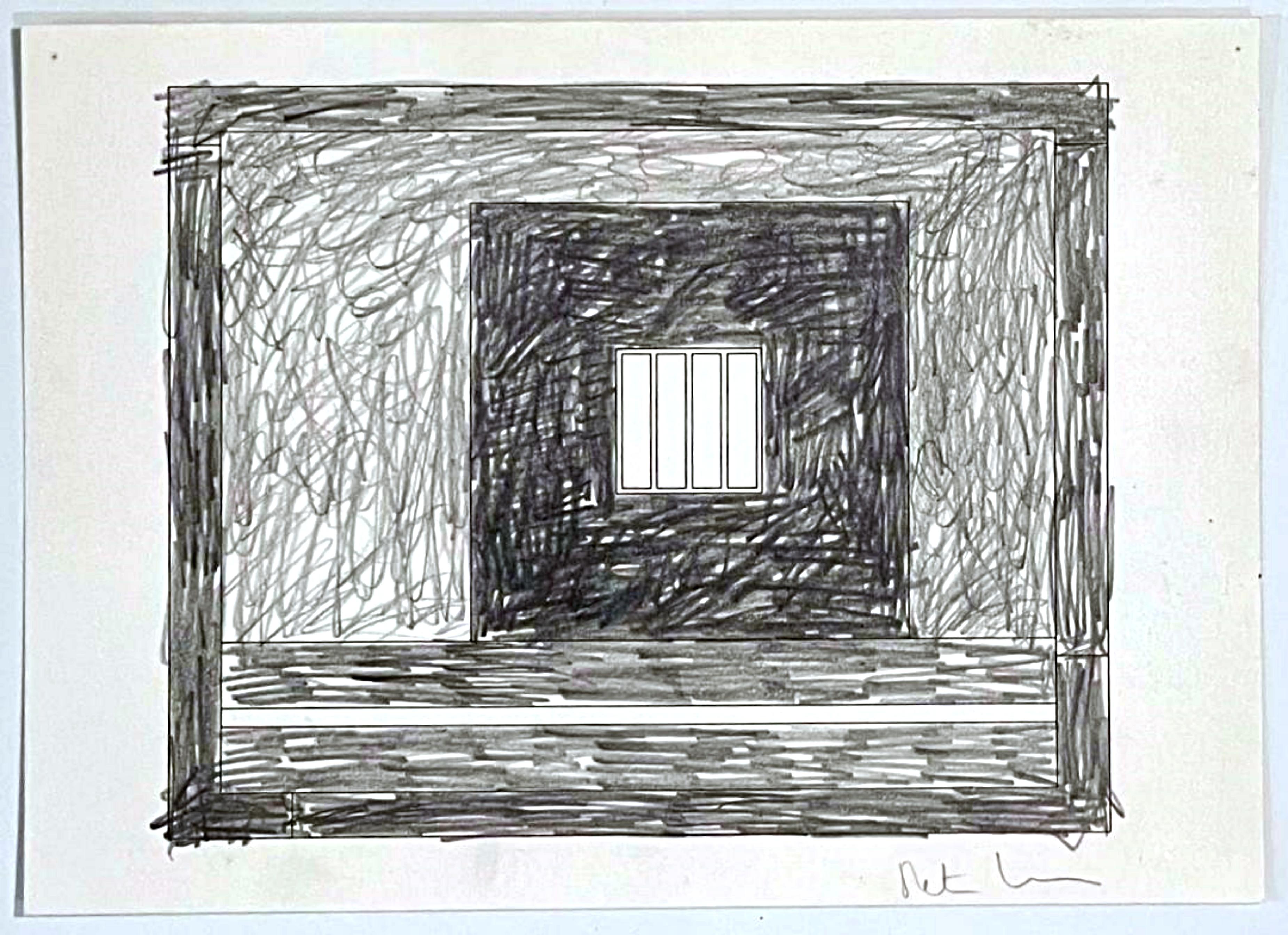 Prison 30, unique signed drawing 1990s geometric abstraction by Peter Halley For Sale 1