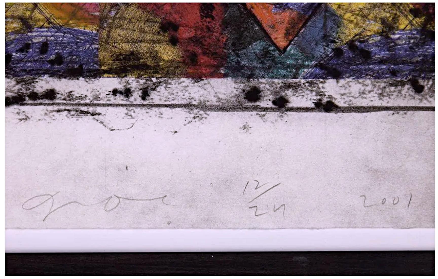 Christmas print, hand coloring in oil stick, Signed, Framed - Pop Art Print by Jim Dine