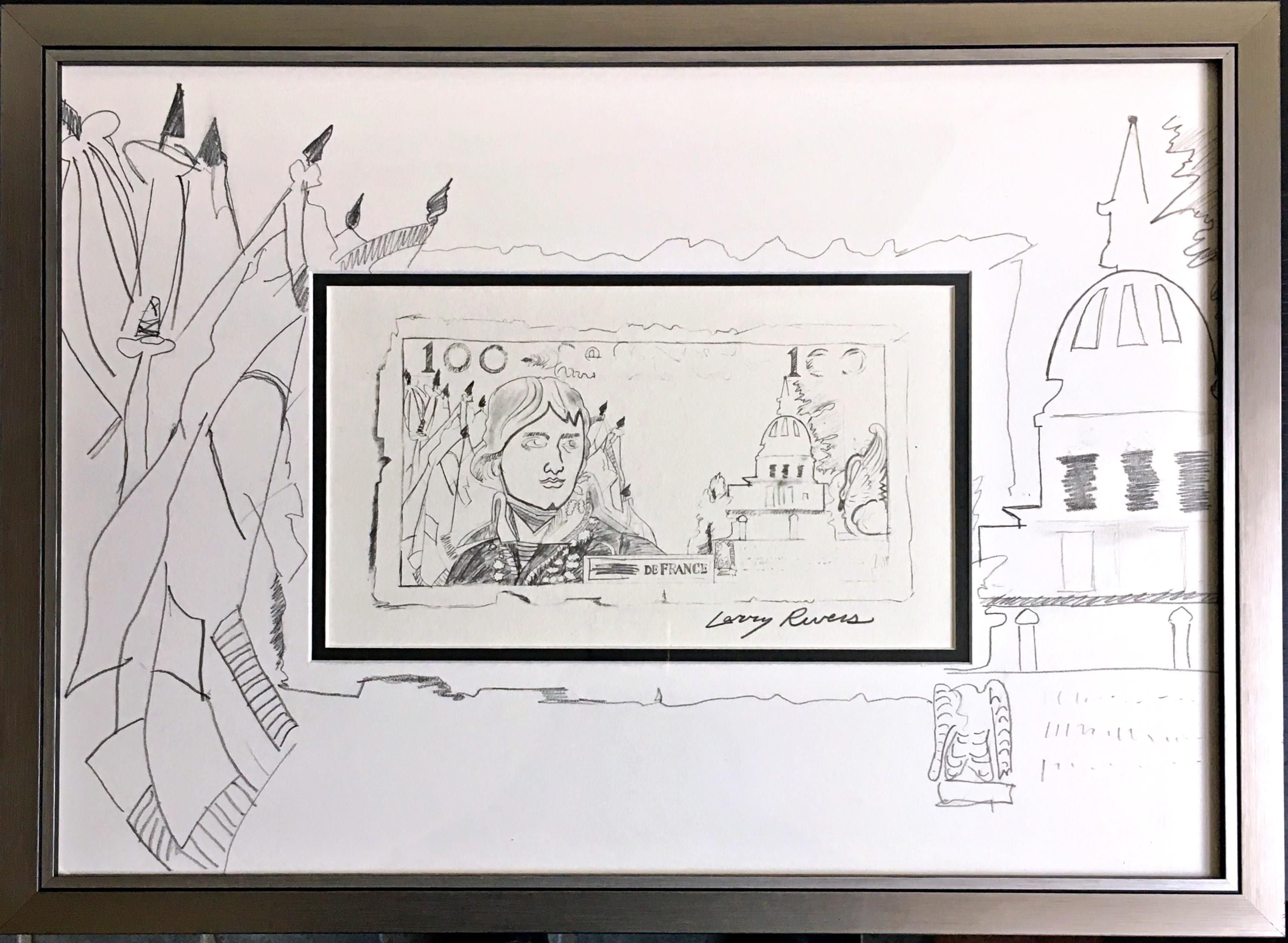 French Money, disegno unico firmato con collage dell'artista pop Larry Rivers, incorniciato
