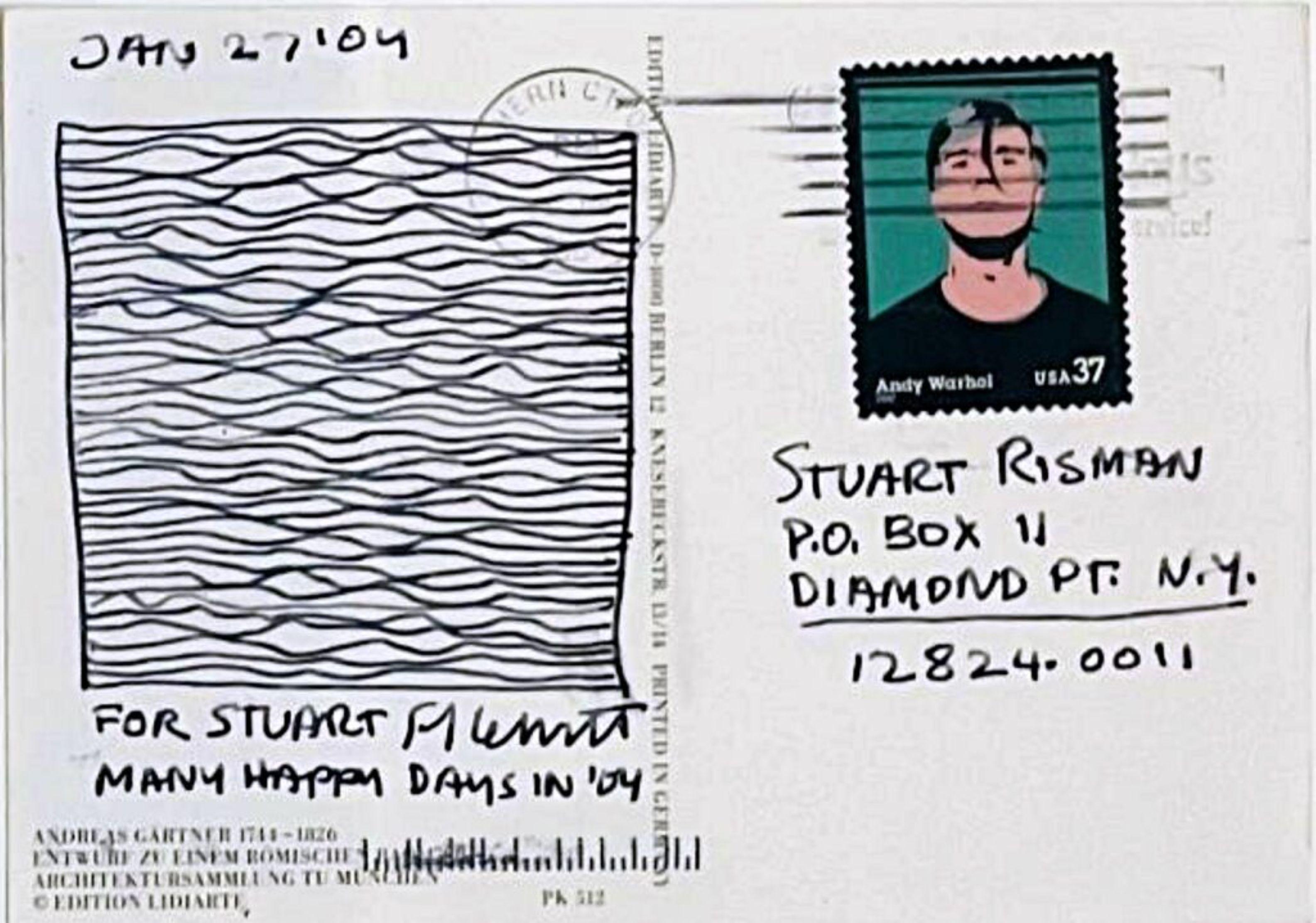 Original signierte minimalistische Tuschezeichnung mit wellenförmigen Linien auf Karton und Andy Warhol-Stempel – Art von Sol LeWitt