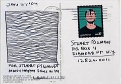 Wavy lines original signed Minimalist ink drawing on card with Andy Warhol stamp