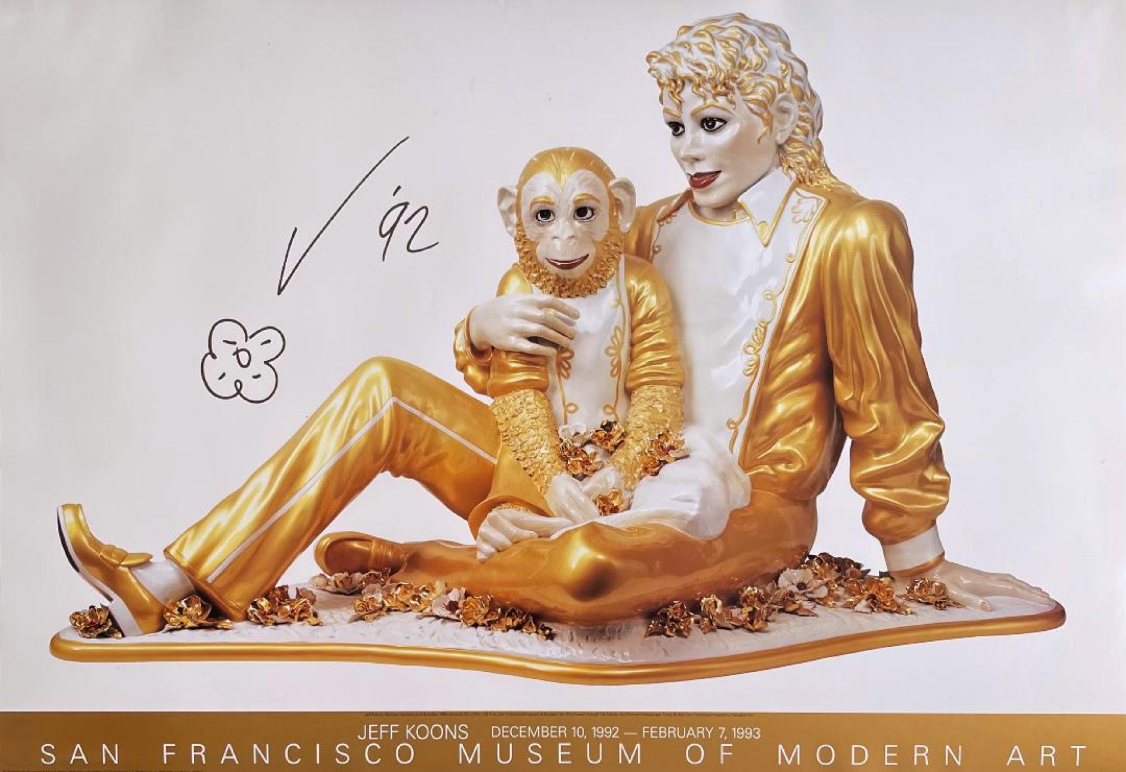 Einzigartige handsignierte Blumenzeichnung auf Michael Jackson & Blasendruck aus dem SFMOMA