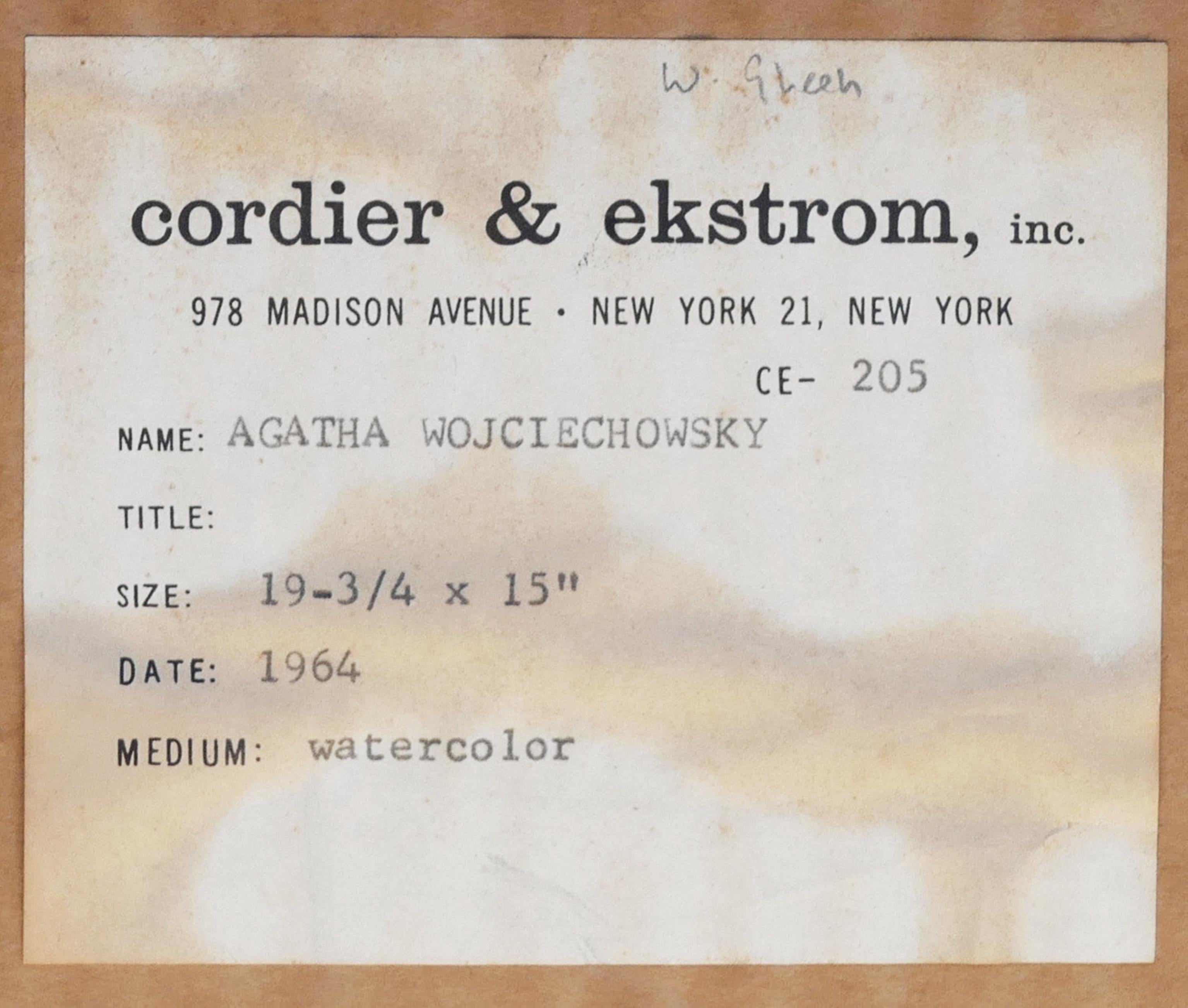 Agatha Wojciechowsky
Untitled Concert Hall Abstraction Watercolor, 1964
Watercolor on thick wove paper (with original label from Cordier & Ekstrom Gallery)
Signed and dated by the artist on the lower-right front
19 3/4 × 15 inches
Unframed
Dazzling
