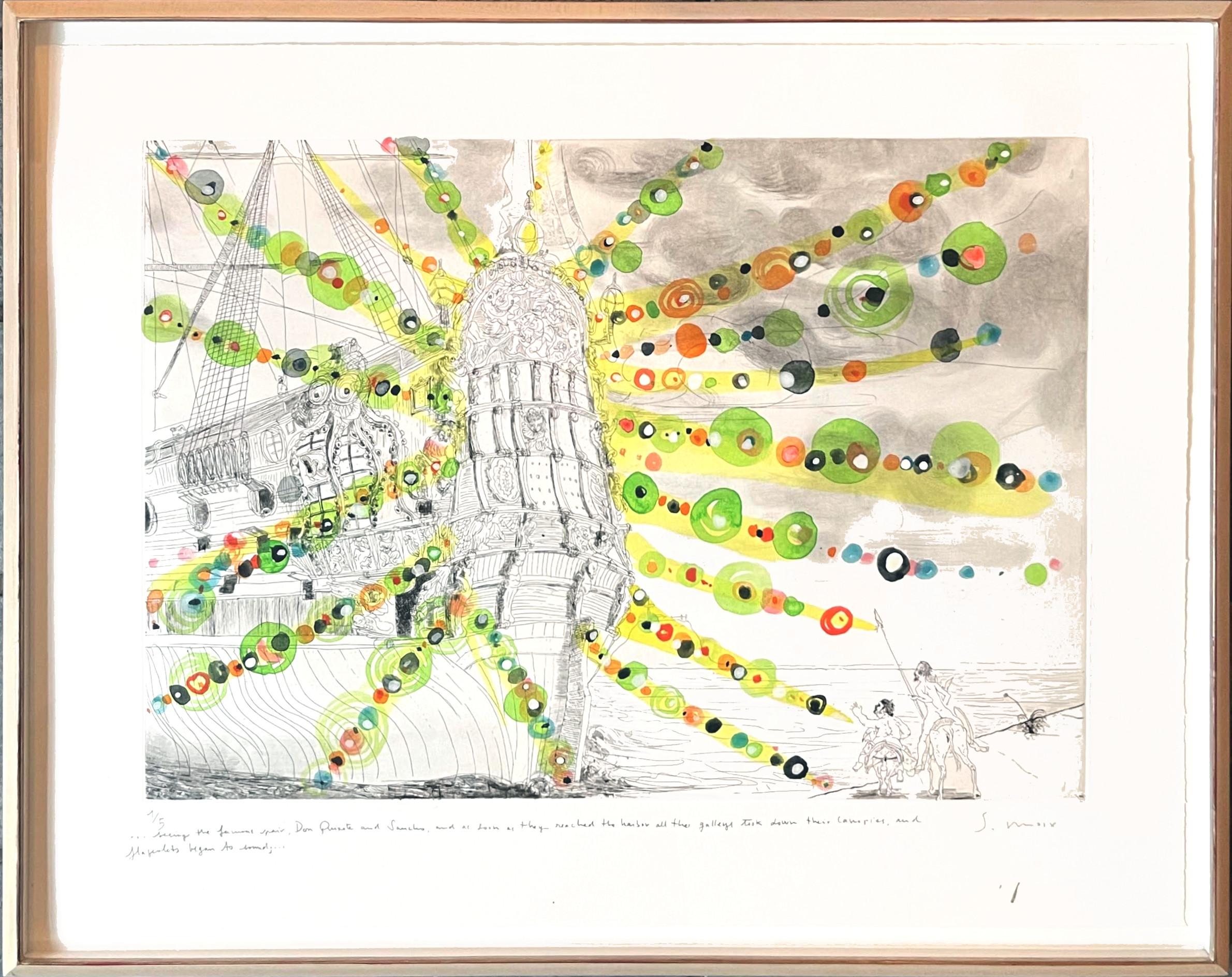 Seeing Don Quixote and Sancho etching, hand coloring & watercolor, signed Framed