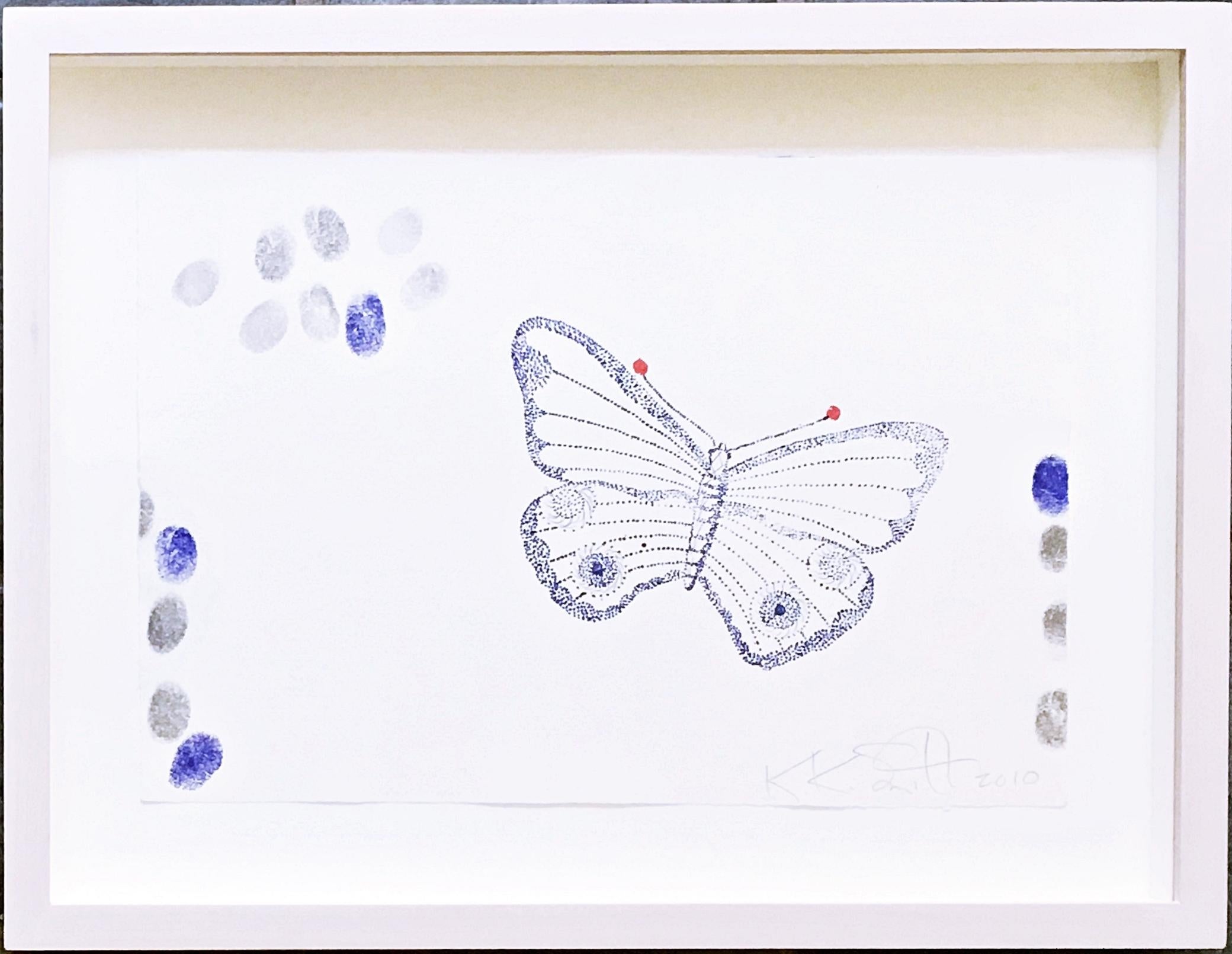 Animal Art Kiki Smith - Papillon avec paillettes, monogravure mixte signée sur papier aquarelle, encadrée