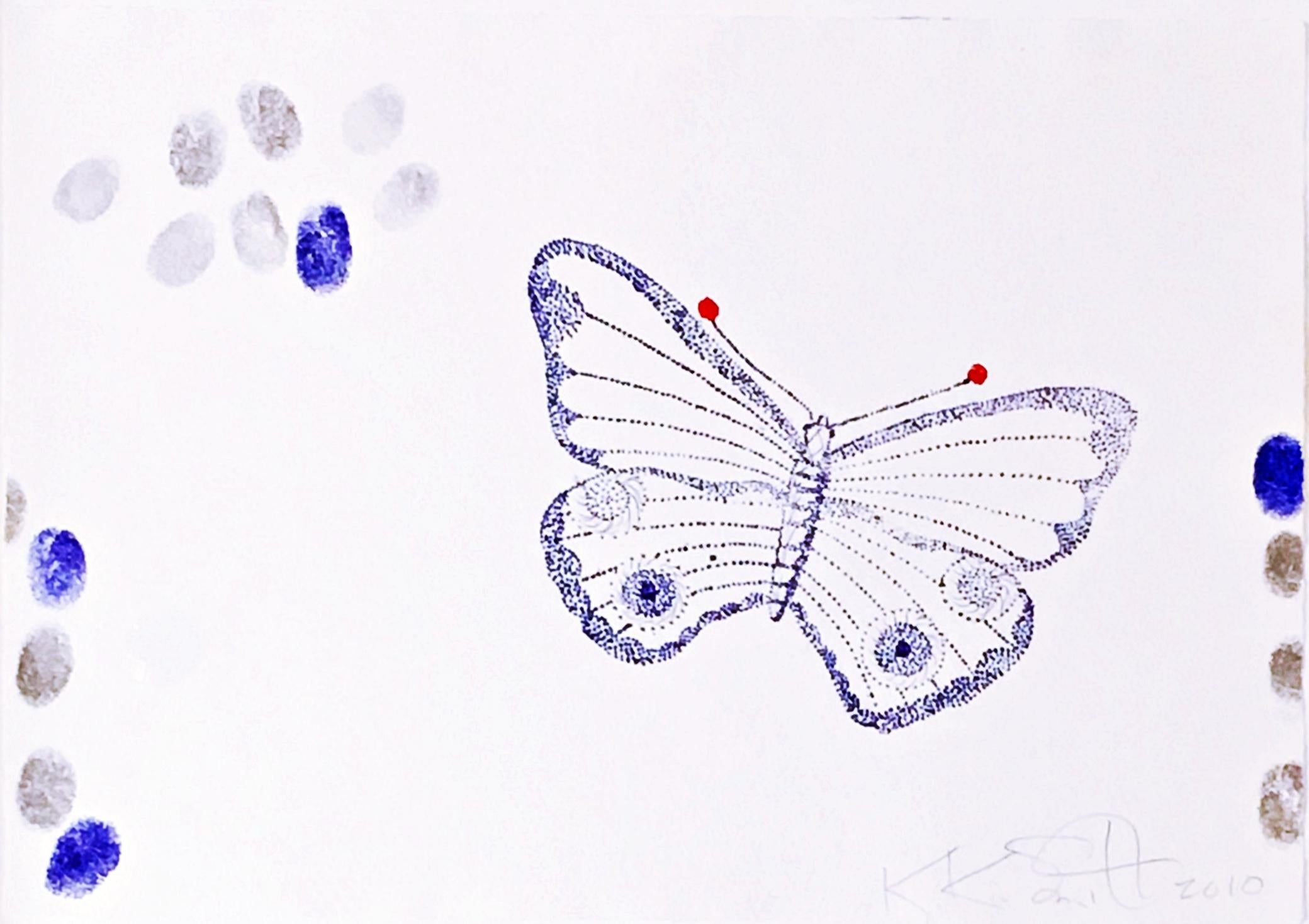 Papillon avec paillettes, monogravure mixte signée sur papier aquarelle, encadrée - Contemporain Art par Kiki Smith