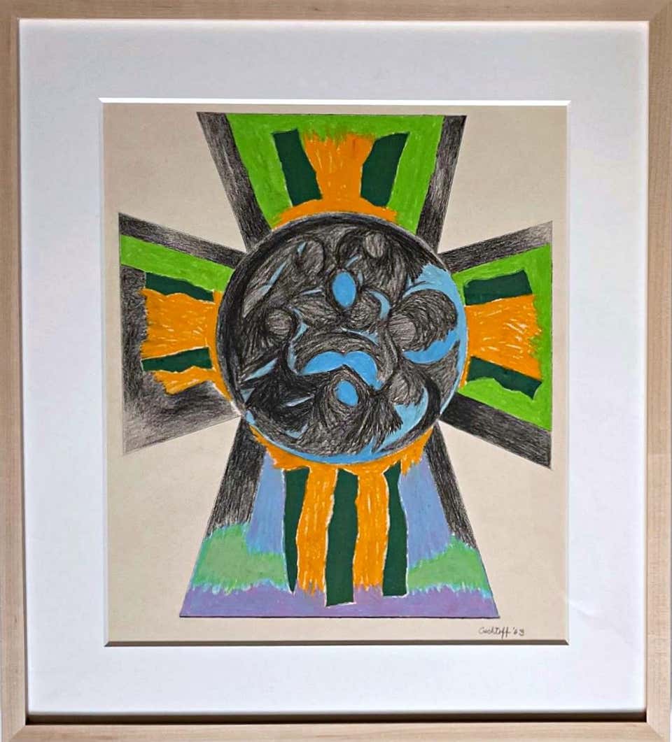 Sonia Gechtoff - Flag Icon unique signed pastel collage on paper painting Framed