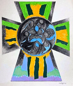 Sonia Gechtoff, Flag Icon collage unique signé au pastel sur papier, encadré