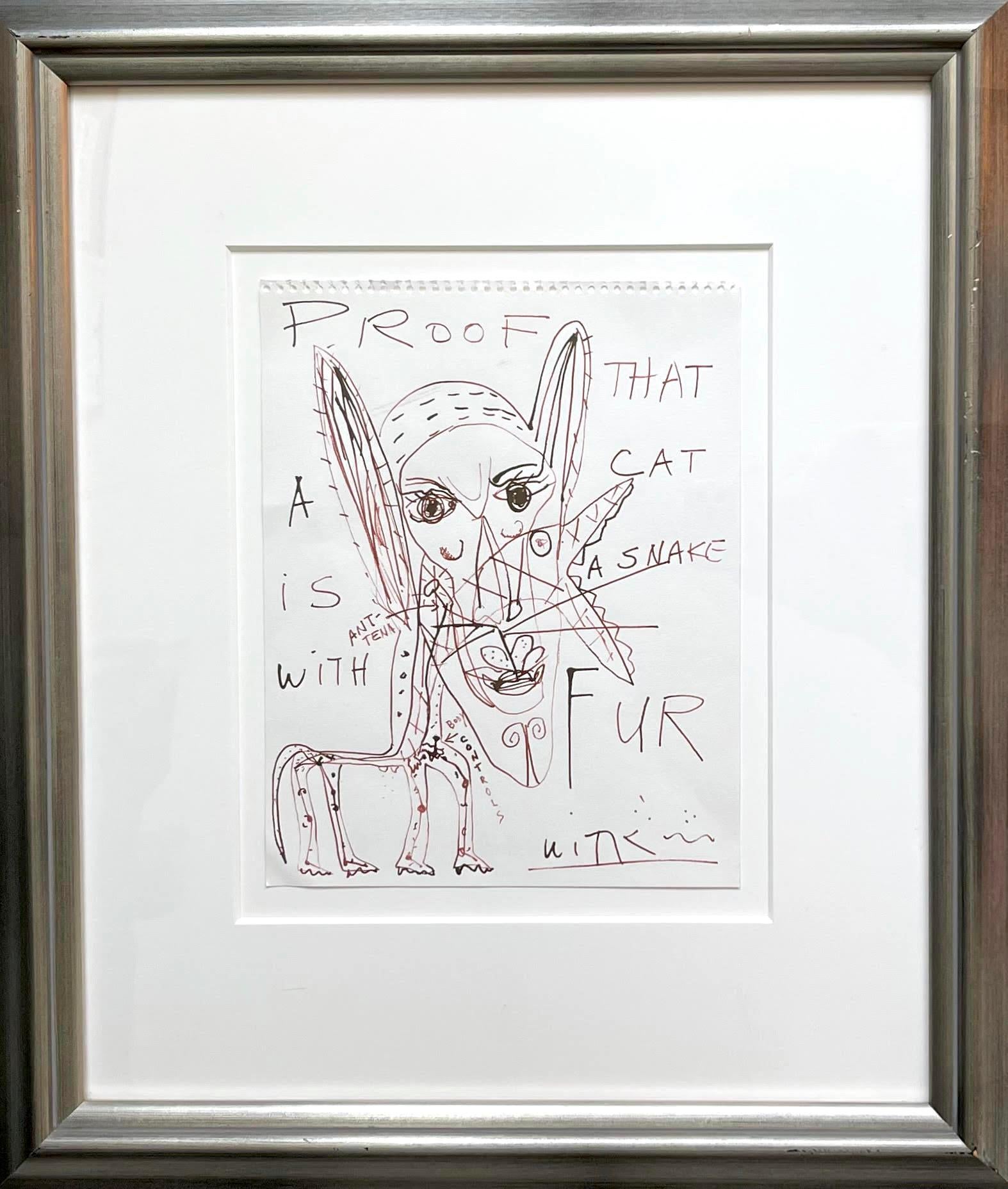 Figurative Art Jerome Witkin - Proof that a Cat is a Snake with Fur, dessin original signé, unique, encadré