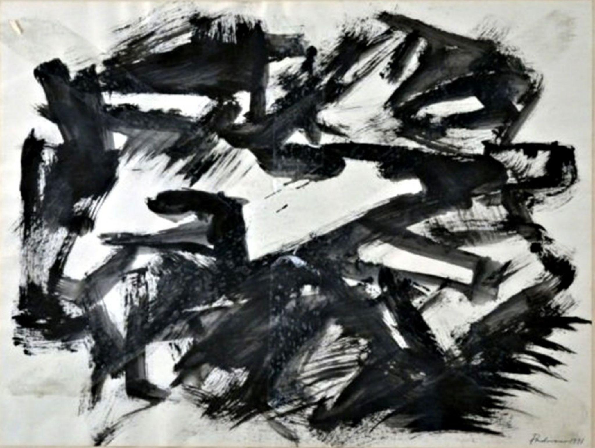 Untitled '71 Abstract Expressionist drawing. Signed by renowned sculptor, Framed - Gray Abstract Drawing by Anthony Padovano