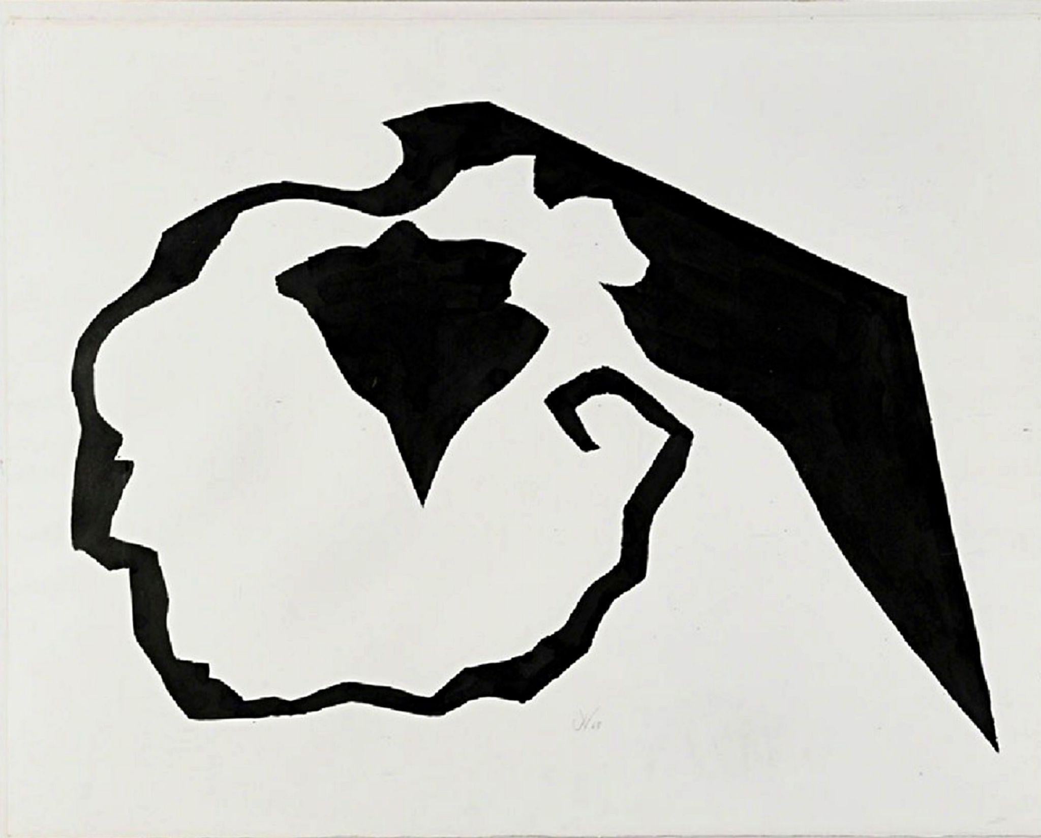 October 1, from Betty Parsons Gallery, India ink on paper, Signed Framed w/label - Painting by Jack Youngerman