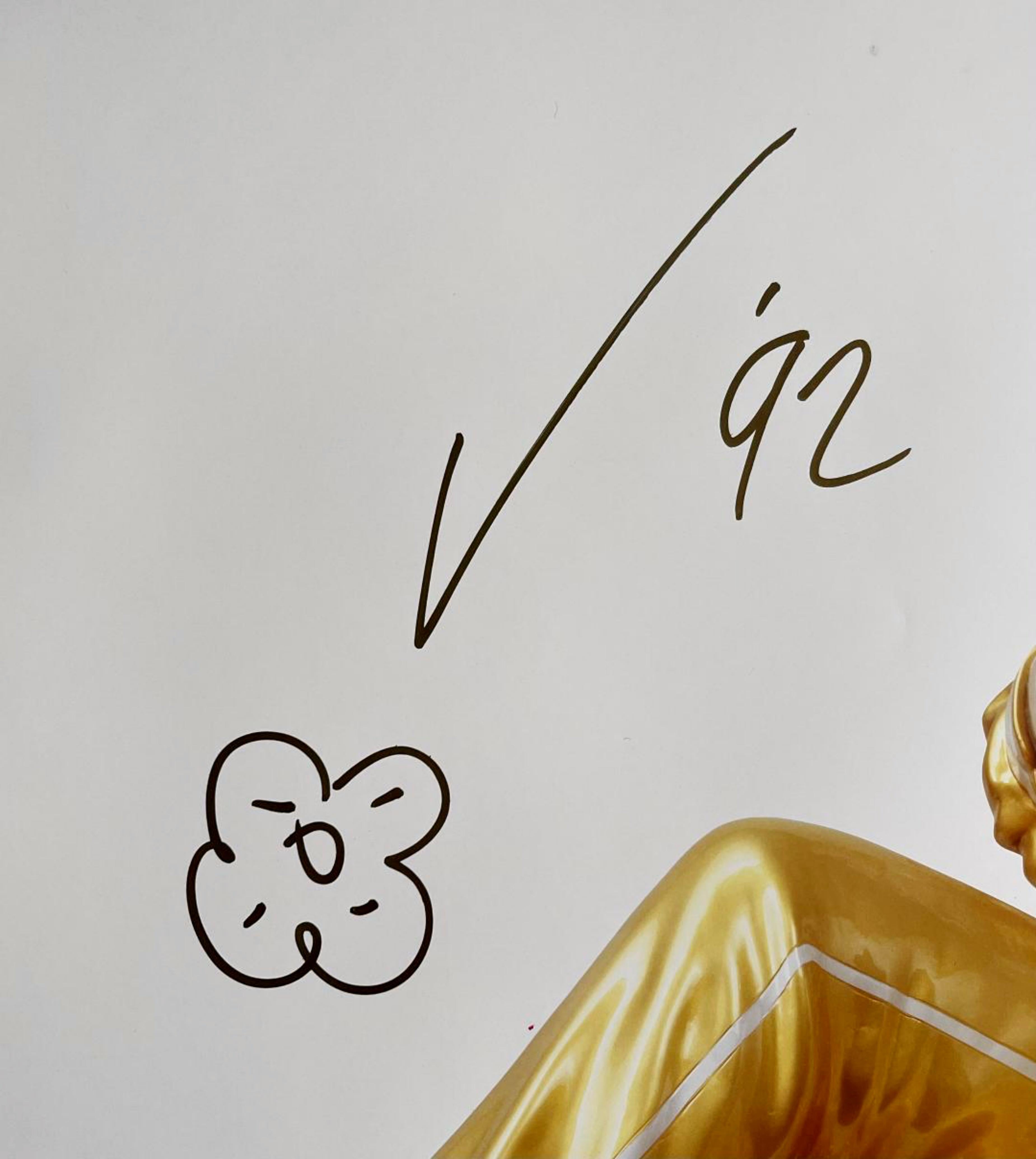 Unique hand signed flower drawing on Michael Jackson & Bubbles print from SFMOMA - Print by Jeff Koons