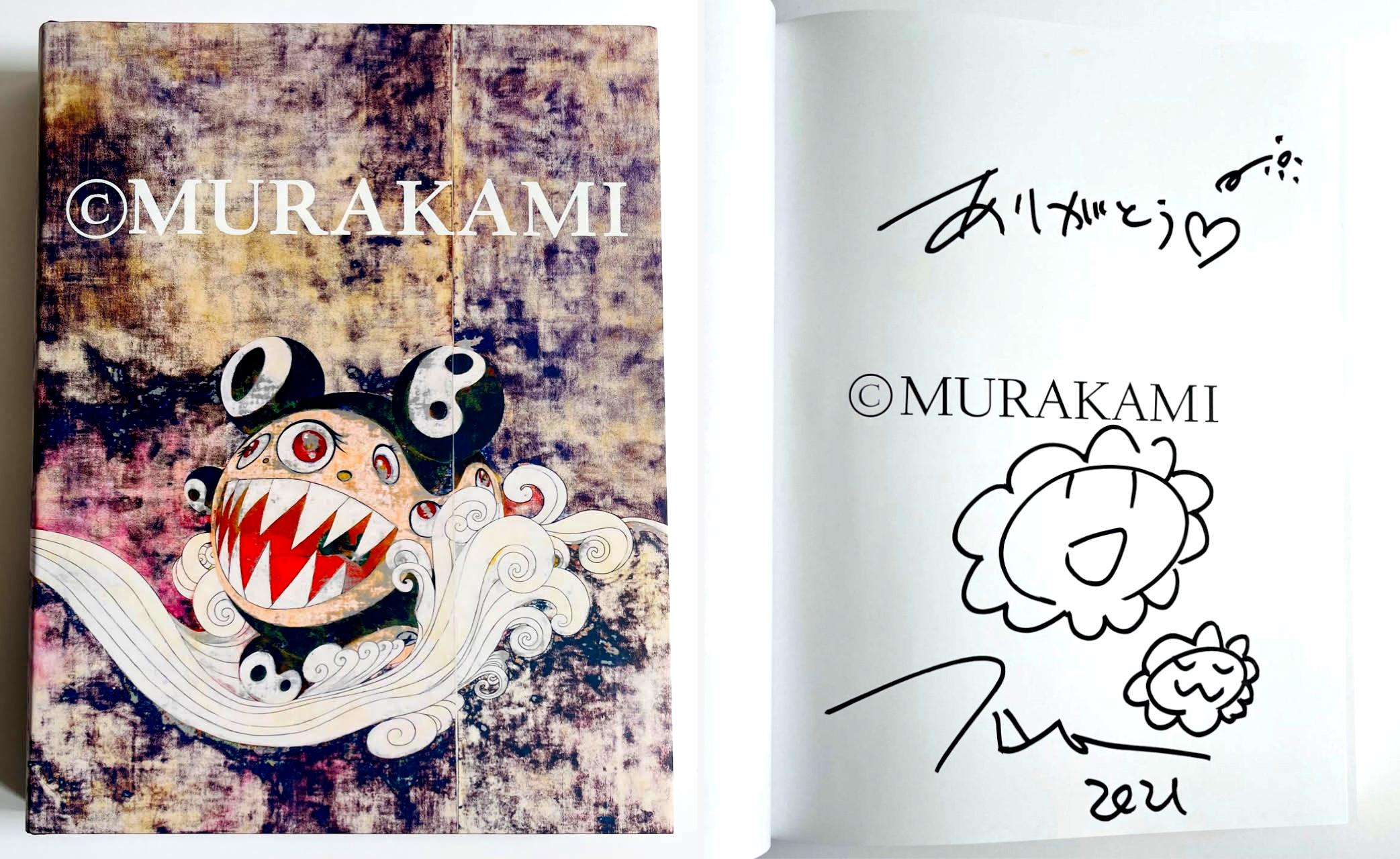 Takashi Murakami Abstract Drawing - Original Signed Drawing in book, Two Flowers with heart, inscribed in Japanese