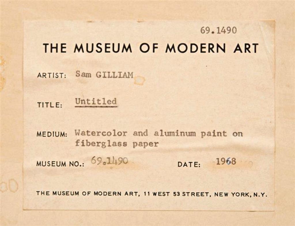 Sam Gilliam
Untitled Abstract Expressionist mixed media painting, Ex-Museum of Modern Art Collection, 1968
Watercolor and Aluminum Paint on Fiberglass Paper. (Framed with Museum of Modern Art Collection Label Verso and Exhibition brochure from the