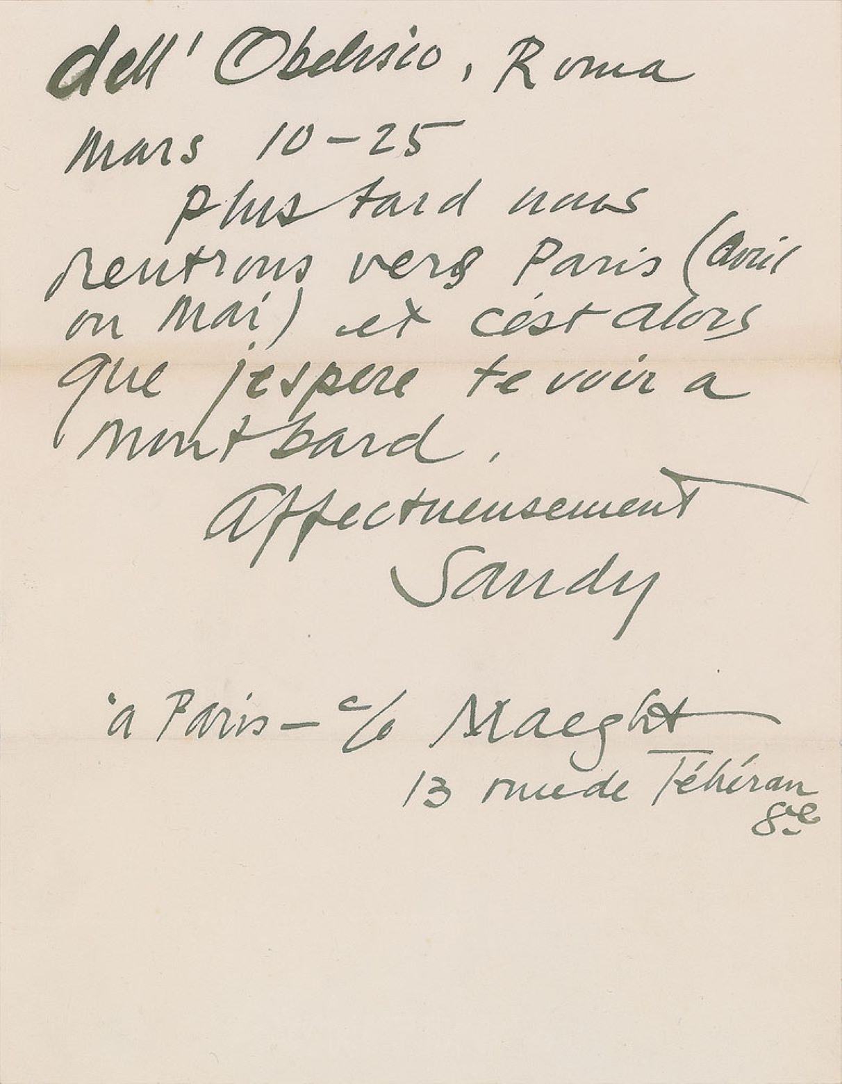 Alexander Calder, Handwritten, signed letter, from Sache near Tours, France For Sale 1