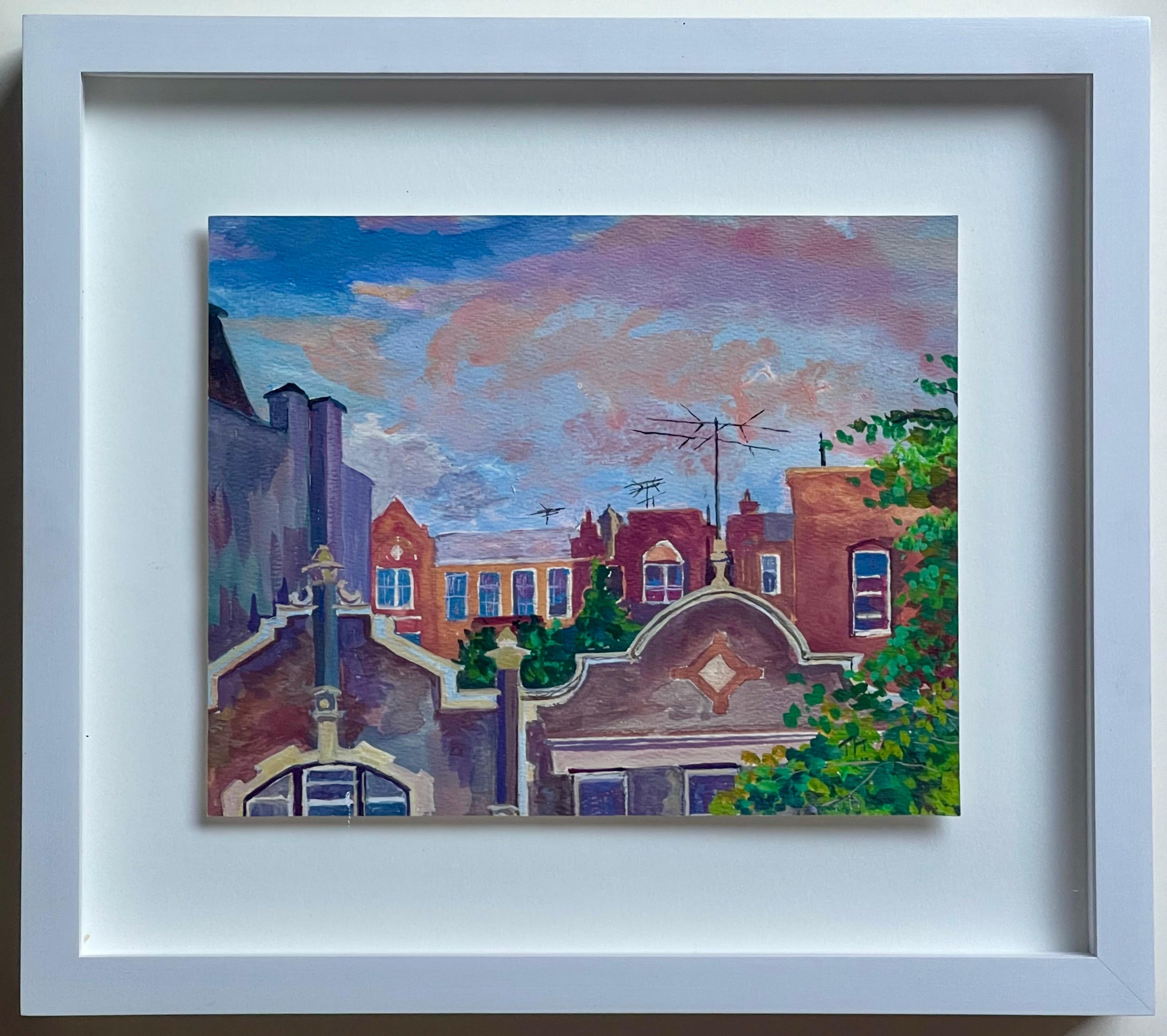 Untitled Connecticut town, 2010, peinture de paysage sur papier, signée 2x, Encadré