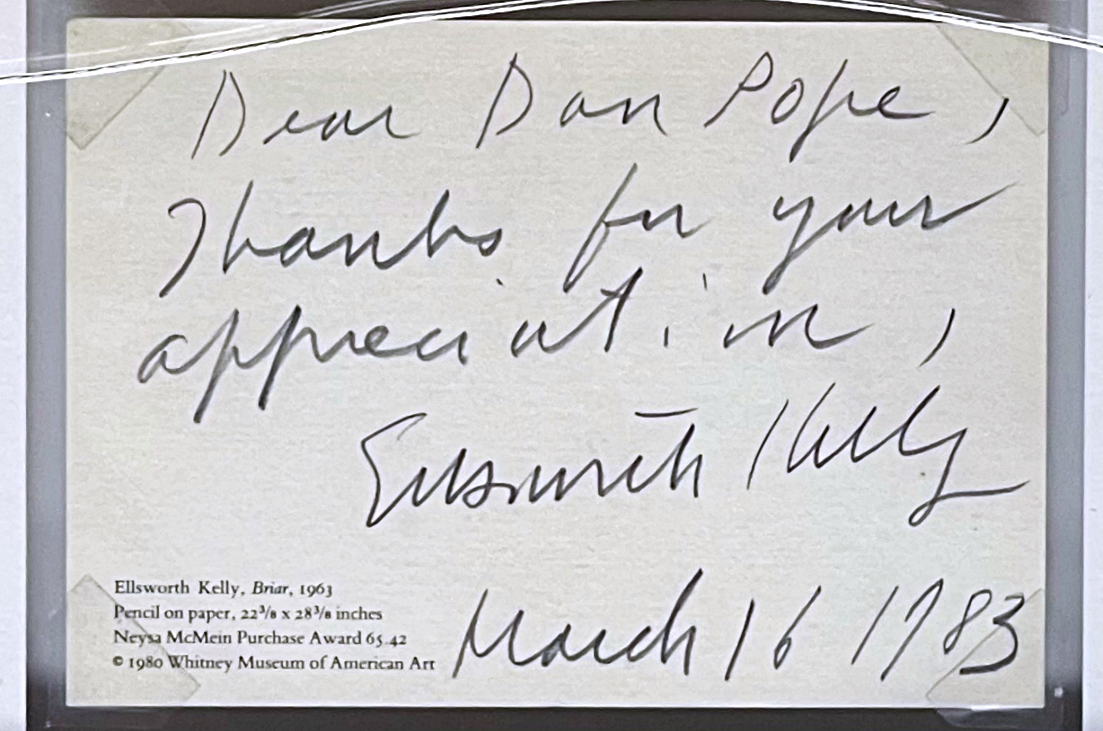 Note manuscrite et signée sur une carte adressée au caméraman et collectionneur de CBS Dan Pope, encadrée - Minimaliste Art par Ellsworth Kelly