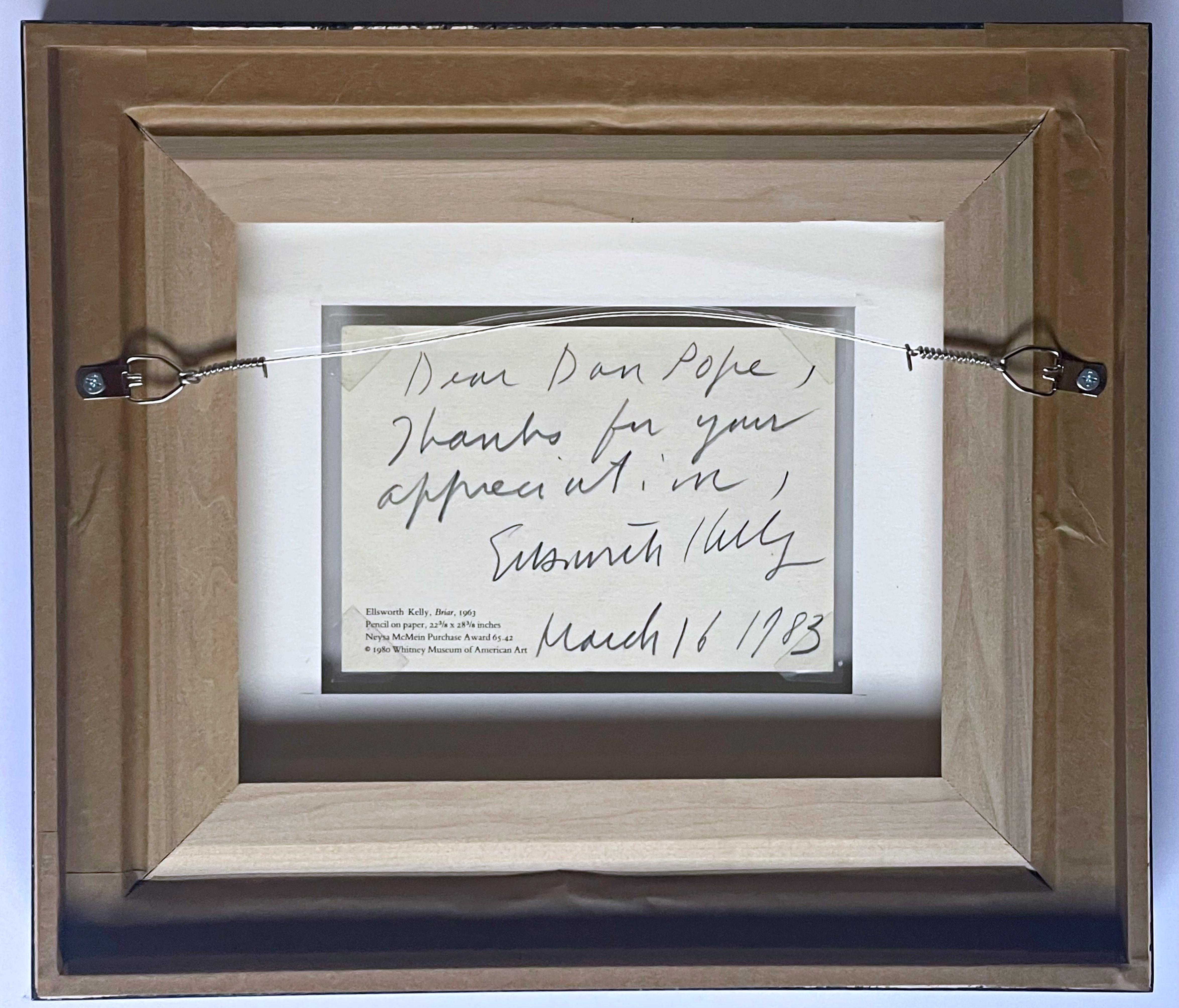 Note manuscrite et signée sur une carte adressée au caméraman et collectionneur de CBS Dan Pope, encadrée - Art de Ellsworth Kelly