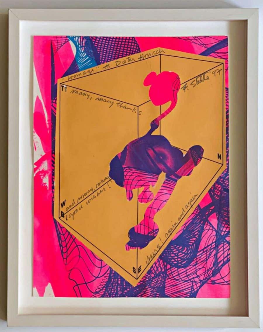Frank Stella, unique paper collage signed and inscribed to museum curator Framed