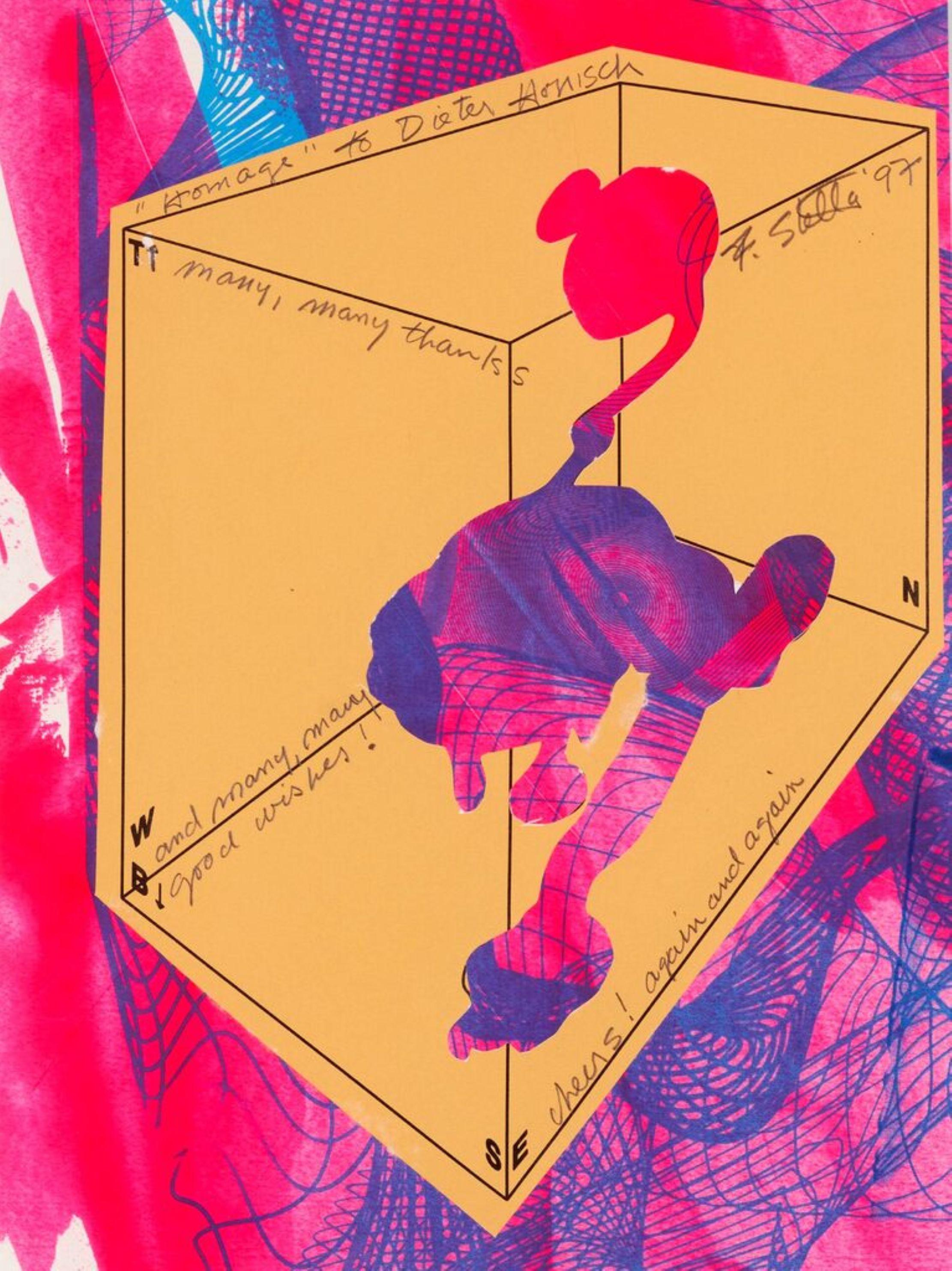 Homenaje, collage de papel único firmado, inscrito al conservador de un museo europeo Enmarcado - Mixed Media Art Expresionismo abstracto de Frank Stella