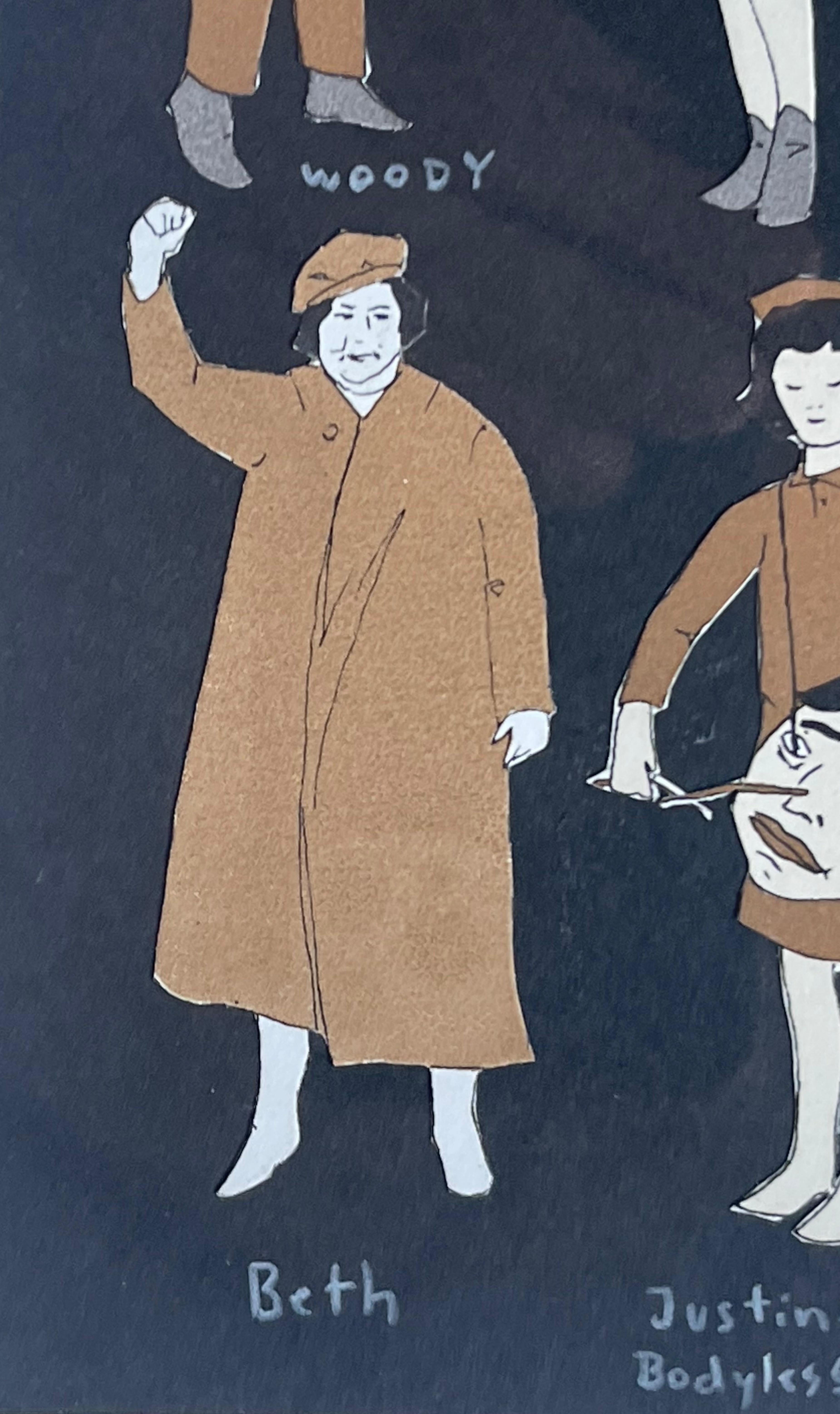 Marcel Dzama
Even More Friends of Jason, including Dzama, from the Estate of Jason Polan, double sided work with self portrait on the back, 2019
Mixed media collage with ink, watercolor and graphite on colored paper
Signed and inscribed for Jason,