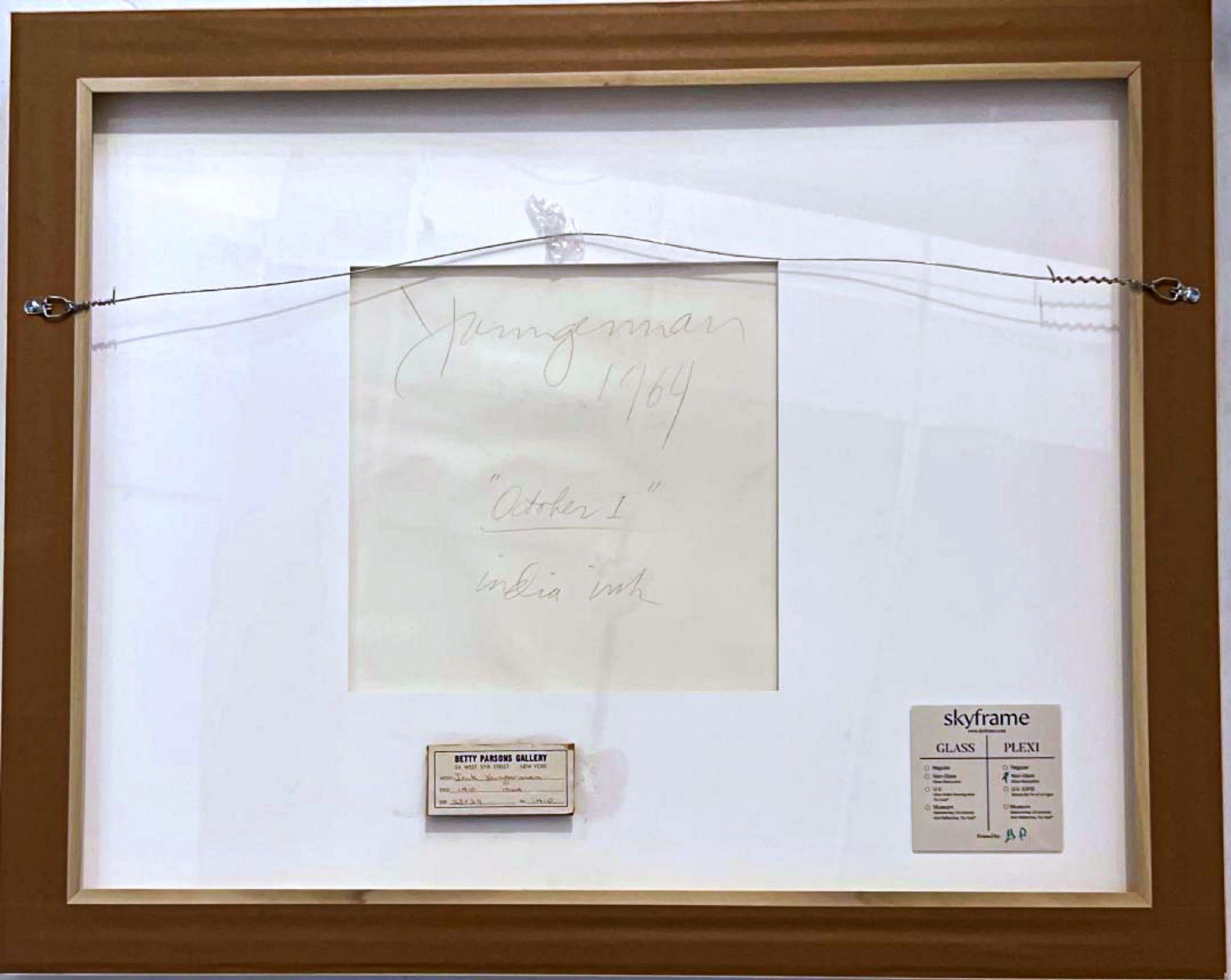 Jack Youngerman
October 1, from Betty Parsons Gallery, 1964
India ink on paper, with original Betty Parsons Gallery label
Pencil signed and dated '64 on the front; also signed, titled and dated on the back. (shown); bears original Betty Parsons