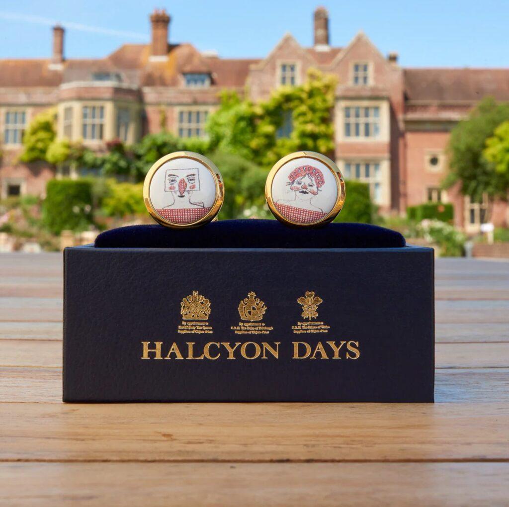 David Hockney
Rake's Progress Bedlam Cufflinks, 2020
Hand painted using special enamel paints and finished with 18ct gold plate for a luxury finish in bespoke box
1 in diameter 
Original David Hockney designs from the 1975 production of opera The