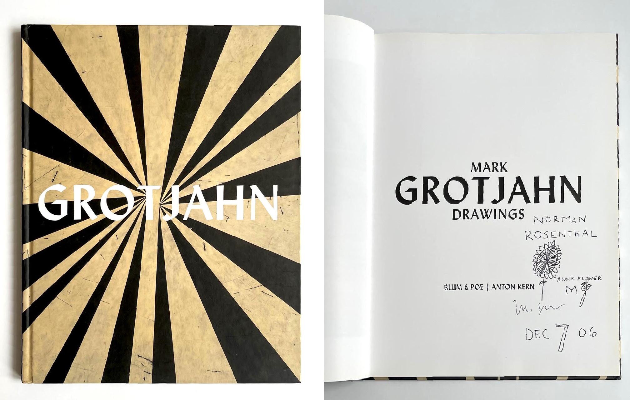 Mark Grotjahn
Black Flower (signed and inscribed to art historian Norman Rosenthal), 2006
Original flower drawing done in black marker, hand signed, titled and inscribed, bound in hardback monograph
Hand signed, dated and inscribed with flower