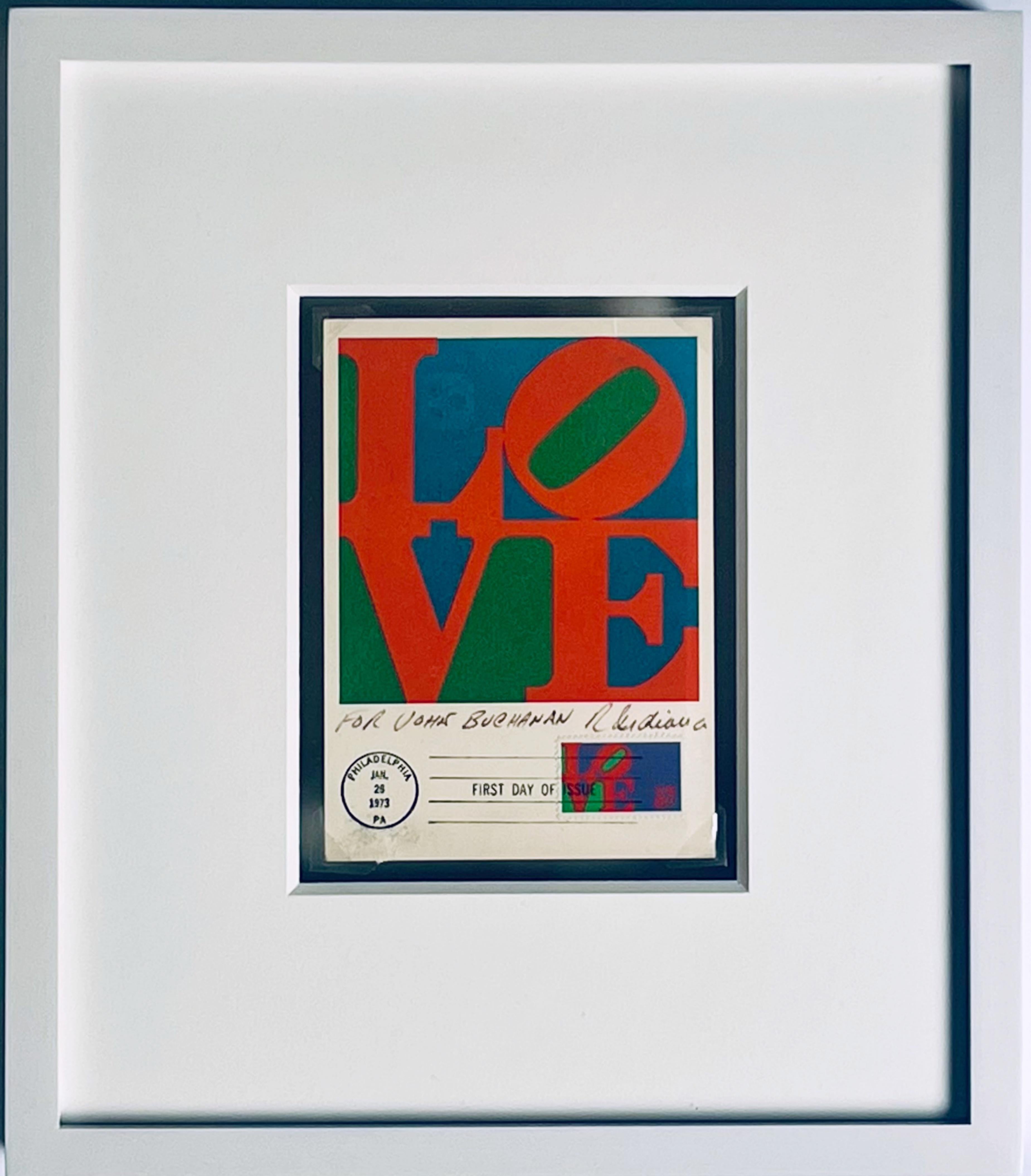 Robert Indiana Original postmarked LOVE First Day Cover, with handwritten letter on the back (hand signed twice), 1973
Handwriten latter on the verso of postmarked First Day Cover (Hand Signed by Robert Indiana twice)
Robert Indiana LOVE, 1973
First