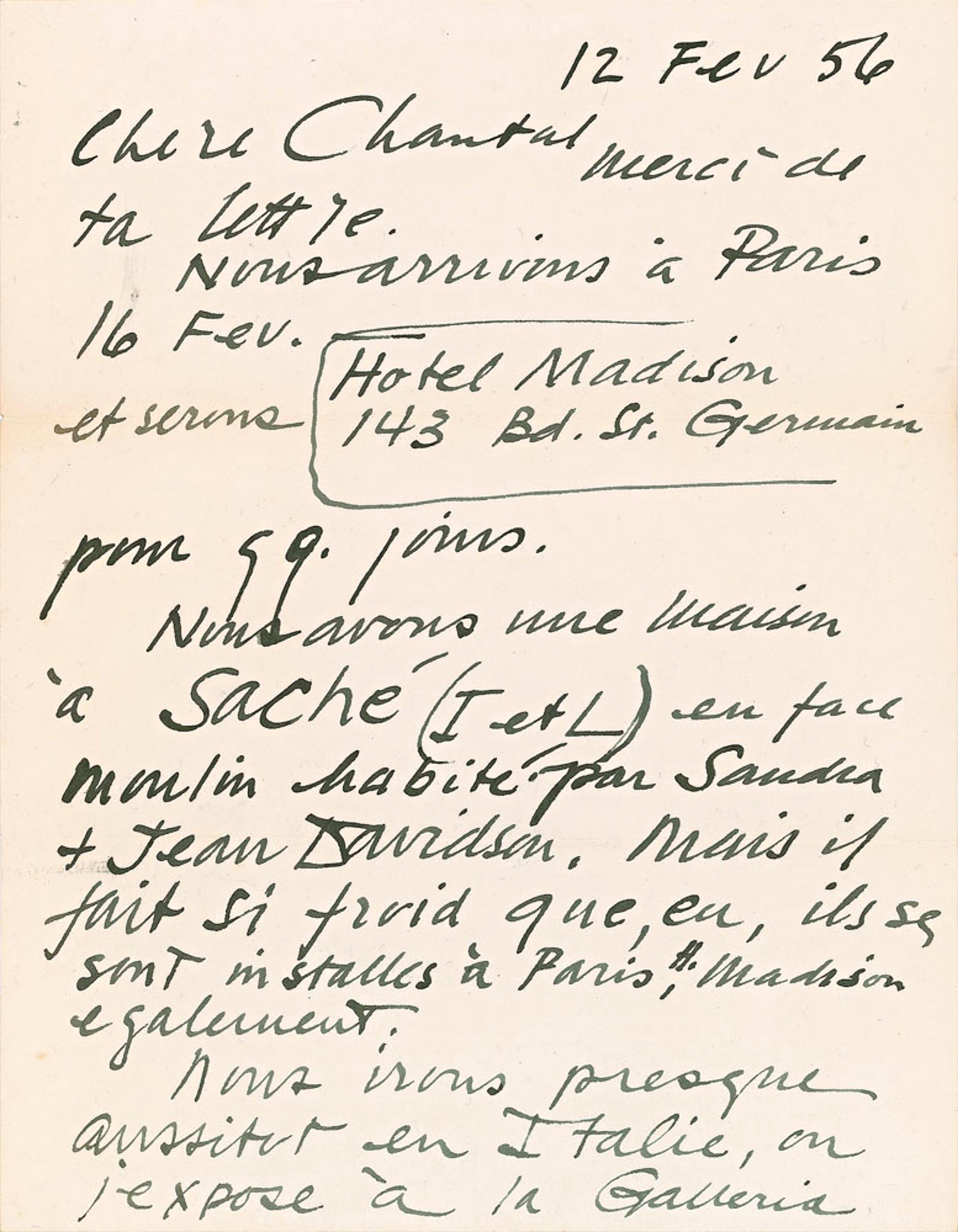 Alexander Calder
Handwritten, signed letter, 1956
Ink on paper: 2 page handwritten and hand signed letter
Hand signed by Calder at the end of the letter on the second page.
Unique
11 × 8 1/2 inches
Unframed
This is the original, handwritten and hand