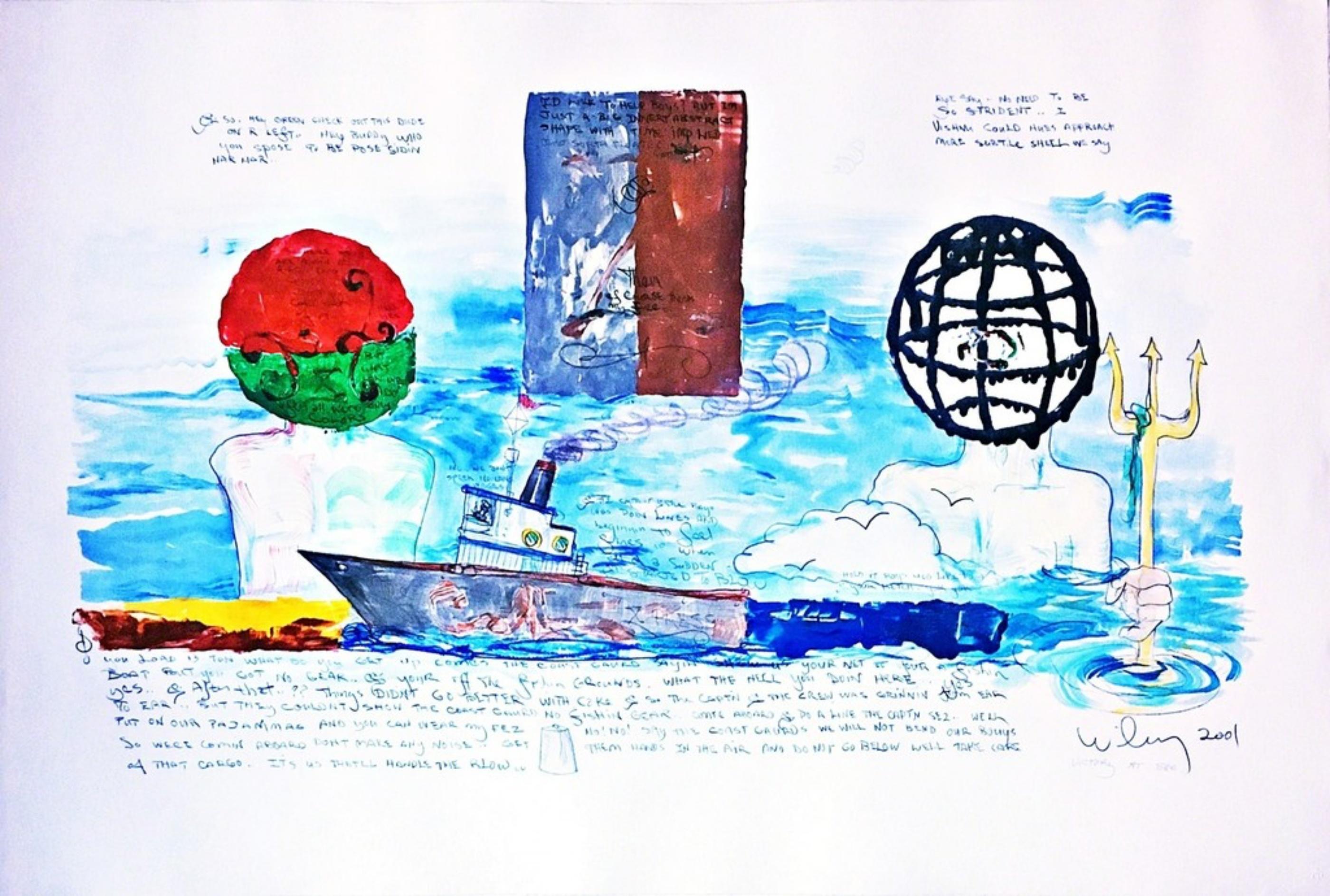 William T. Wiley - Victory at See w/ Sea Shanty Unique painting on paper, Signed