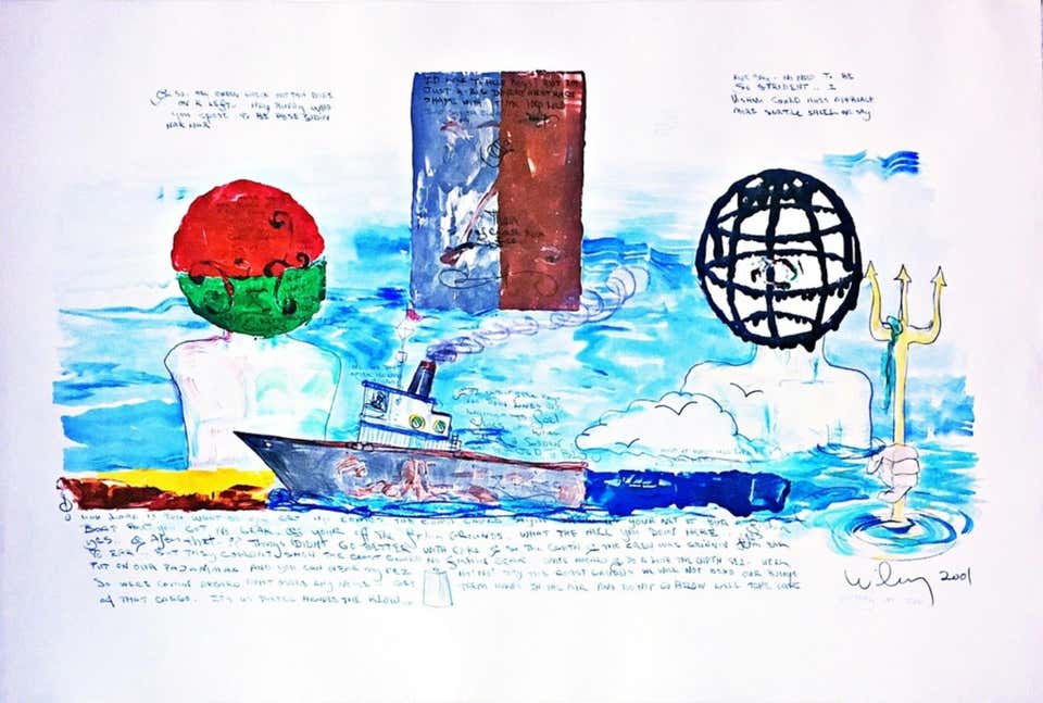 William T. Wiley - Victory at See w/ Sea Shanty Unique painting on paper, Signed