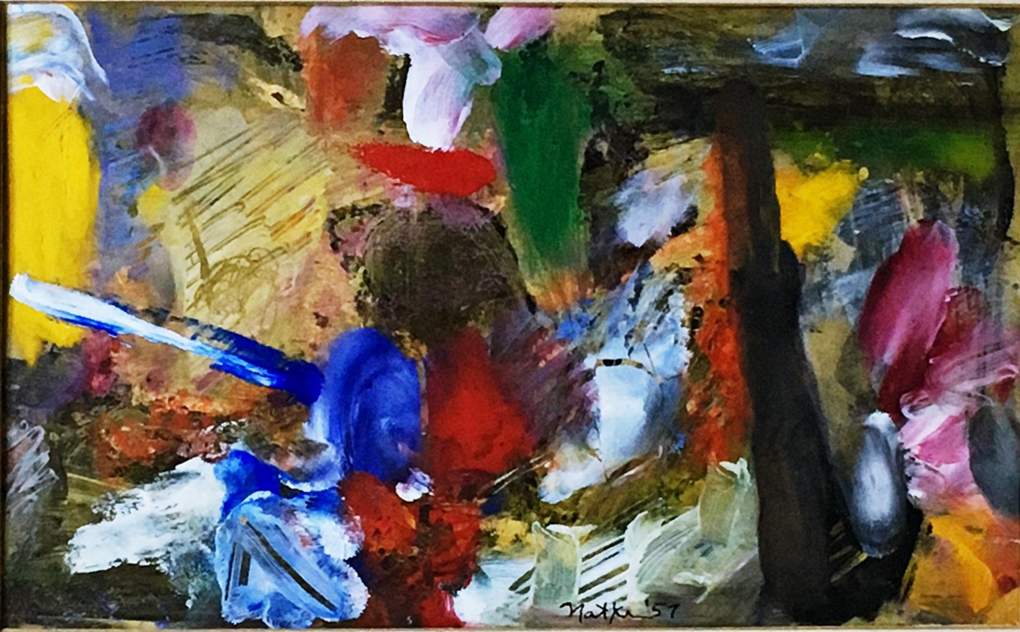 Unique historic work
Hand signed and dated on the front
An exceptionally early gouache from 1957, executed on the verso of a Wells Street Gallery invitation card - one of the first cooperative galleries to exhibit Natkin in Chicago. he work occupies