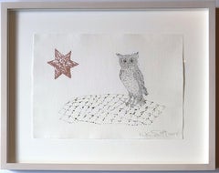 Kiki Smith - Owl and Star Monoprint with hand applied glitter, watercolor, penci