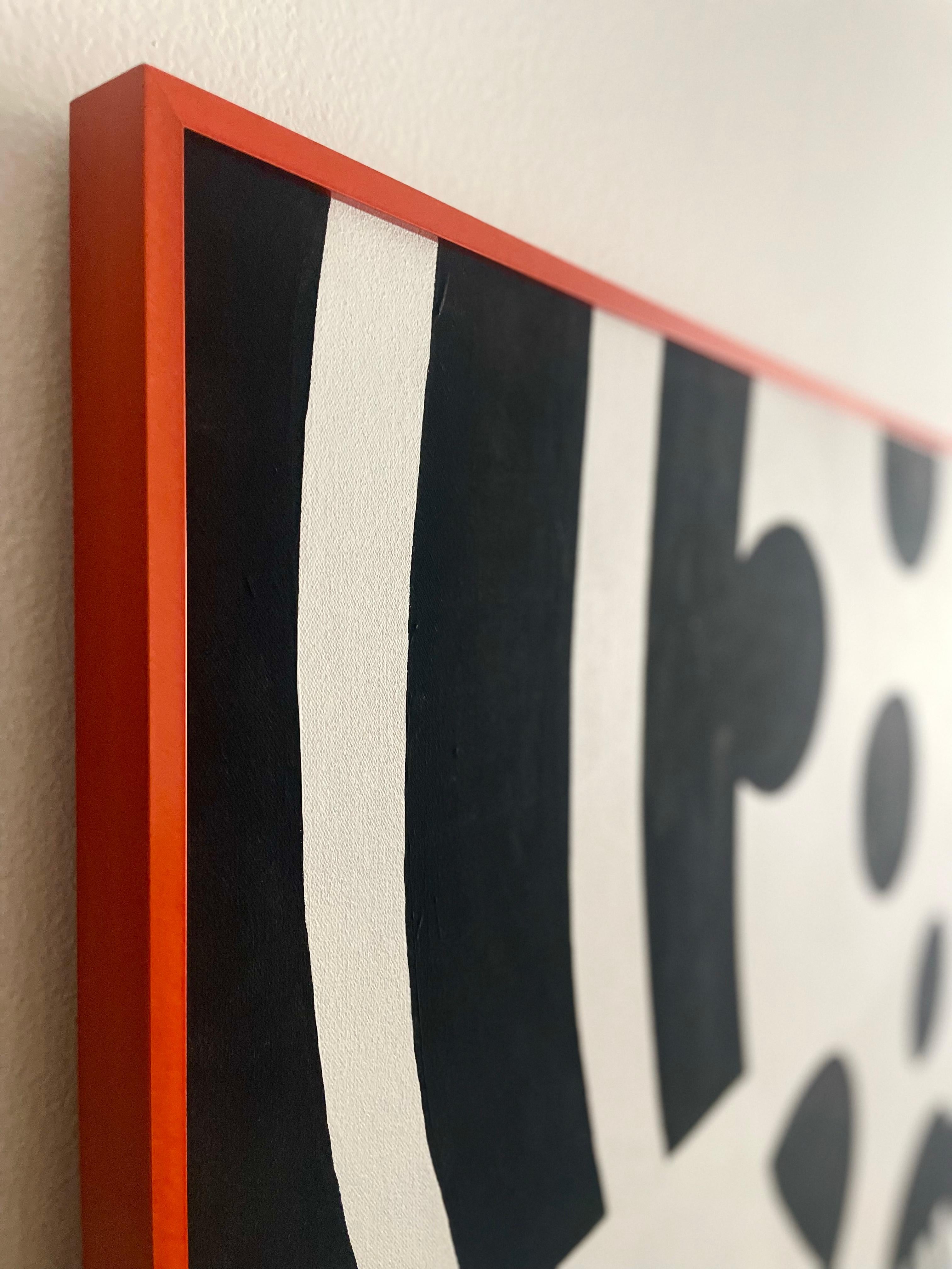 Black and white painting in bright orange frame.

Can be hung vertically or horizontally.

The bright orange aluminum frame is created so the piece looks like it is floating off the wall.

ABOUT LILO
Lilo is a female Danish artist and muralist