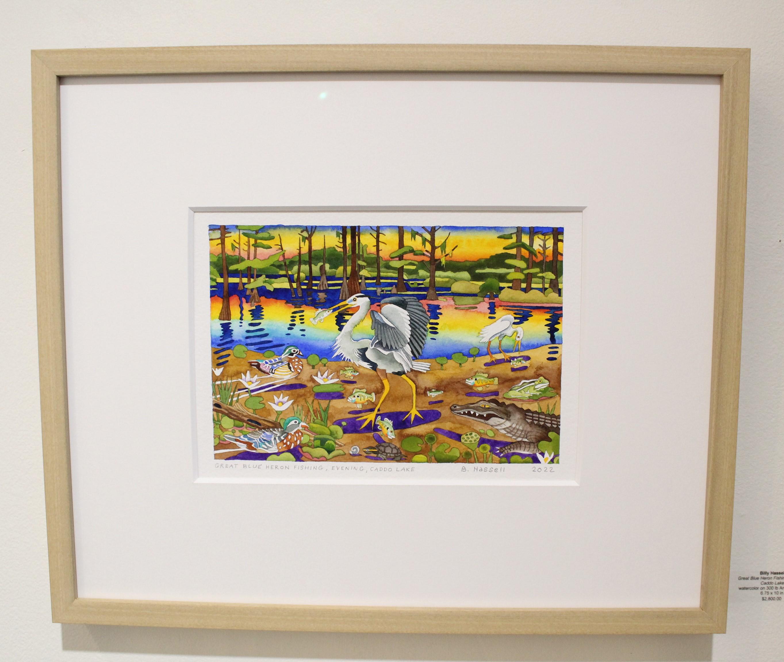 Great Blue Heron Fishing, Evening, Caddo Lake - Art by Billy Hassell